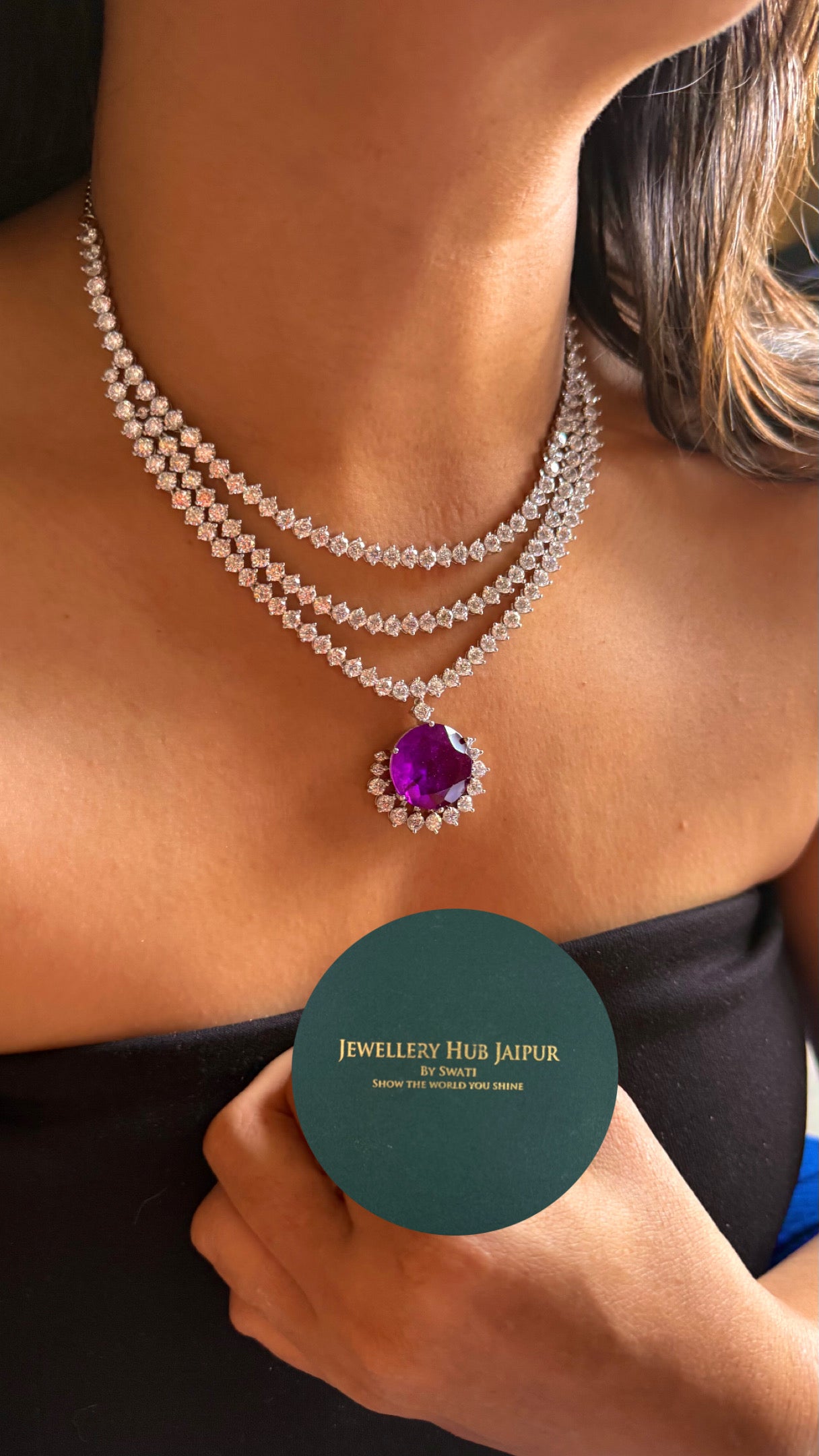 Sapphire doublet triple layer cz diamond minimalist necklace