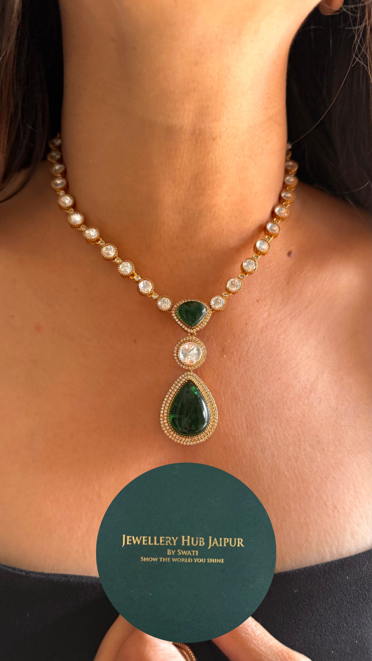 Emerald pendant polki string necklace