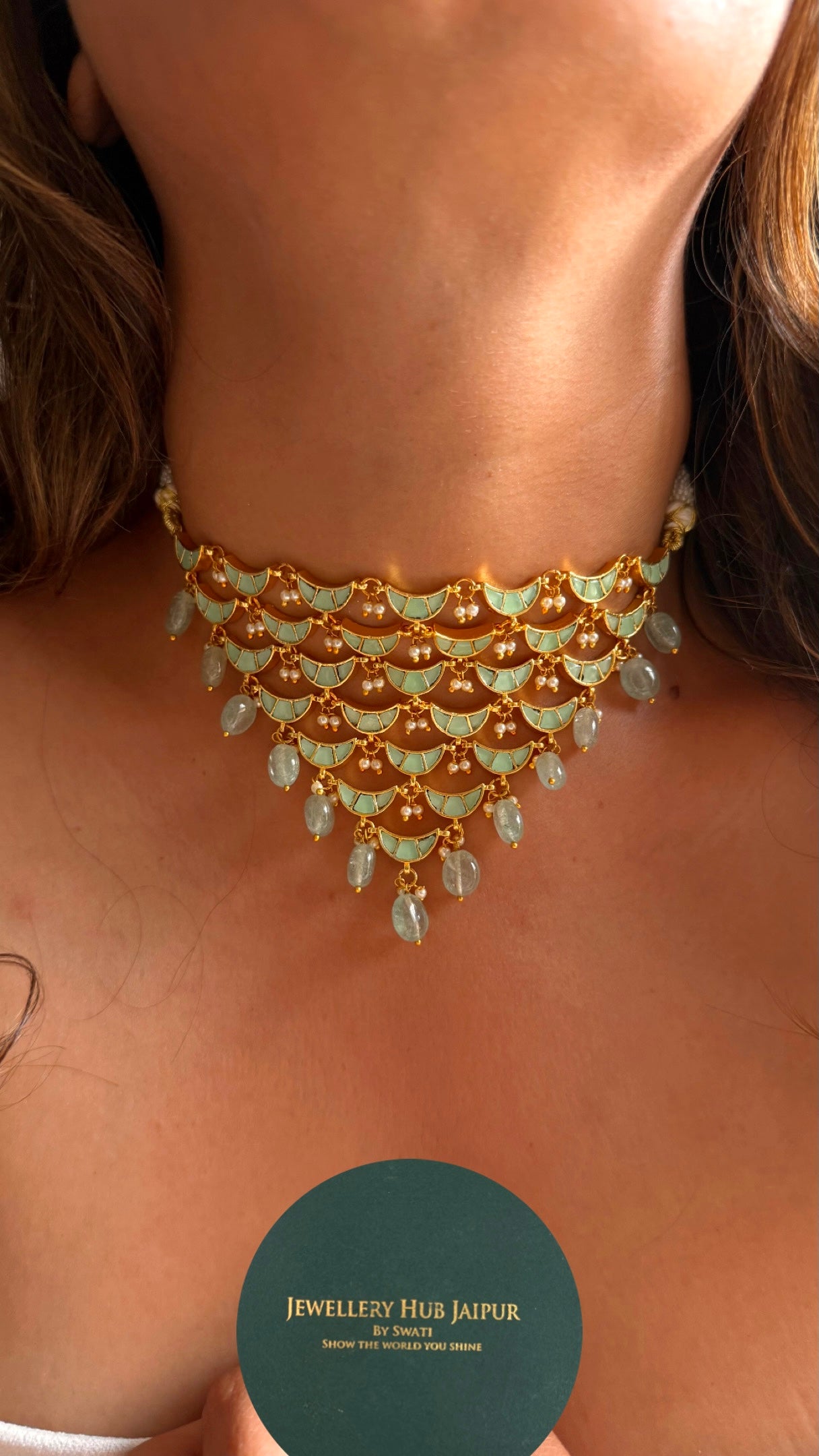 Designer mint half moon with strawberry drops choker Necklace