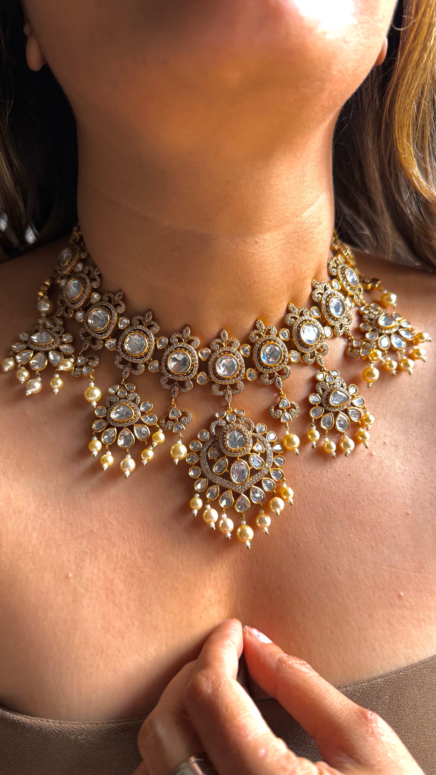 Uncut polki designer Victorian necklace with pearl detailing