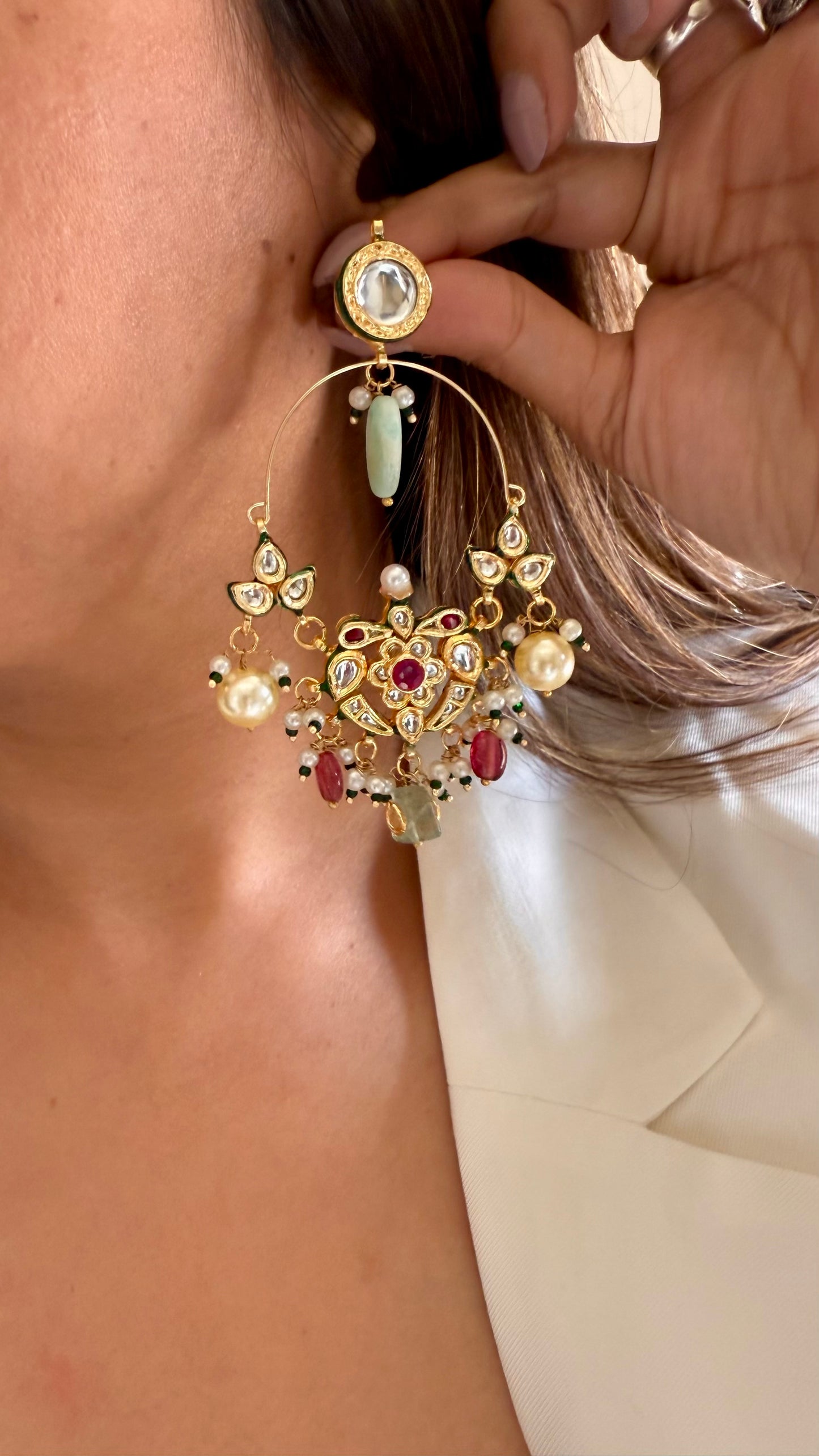 Meenakari ruby drop moissanite polki chandbali