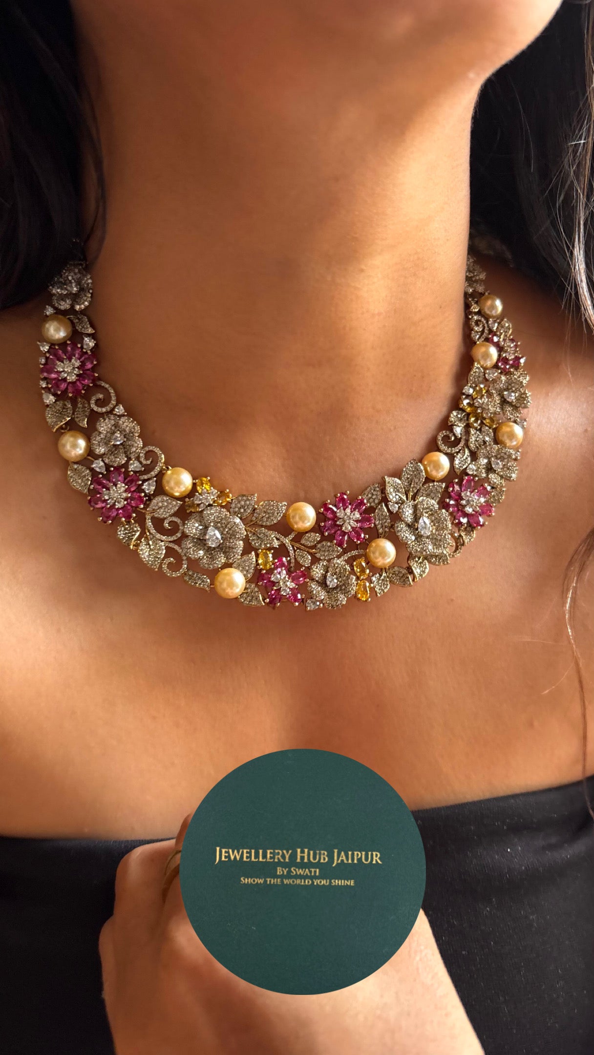 Cz floral topaz designer necklace with pearl detailing