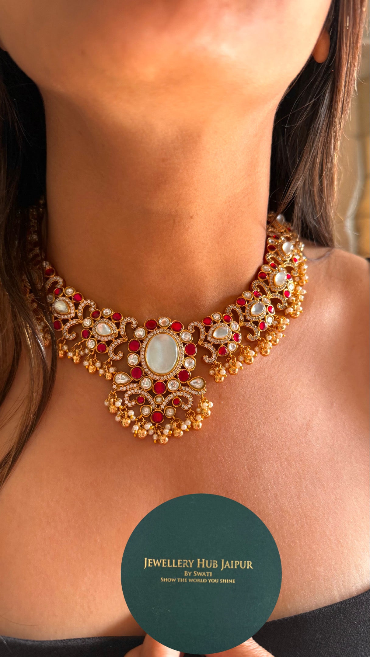 Amrapali inspired mother of pearl & rani pink designer collar necklace