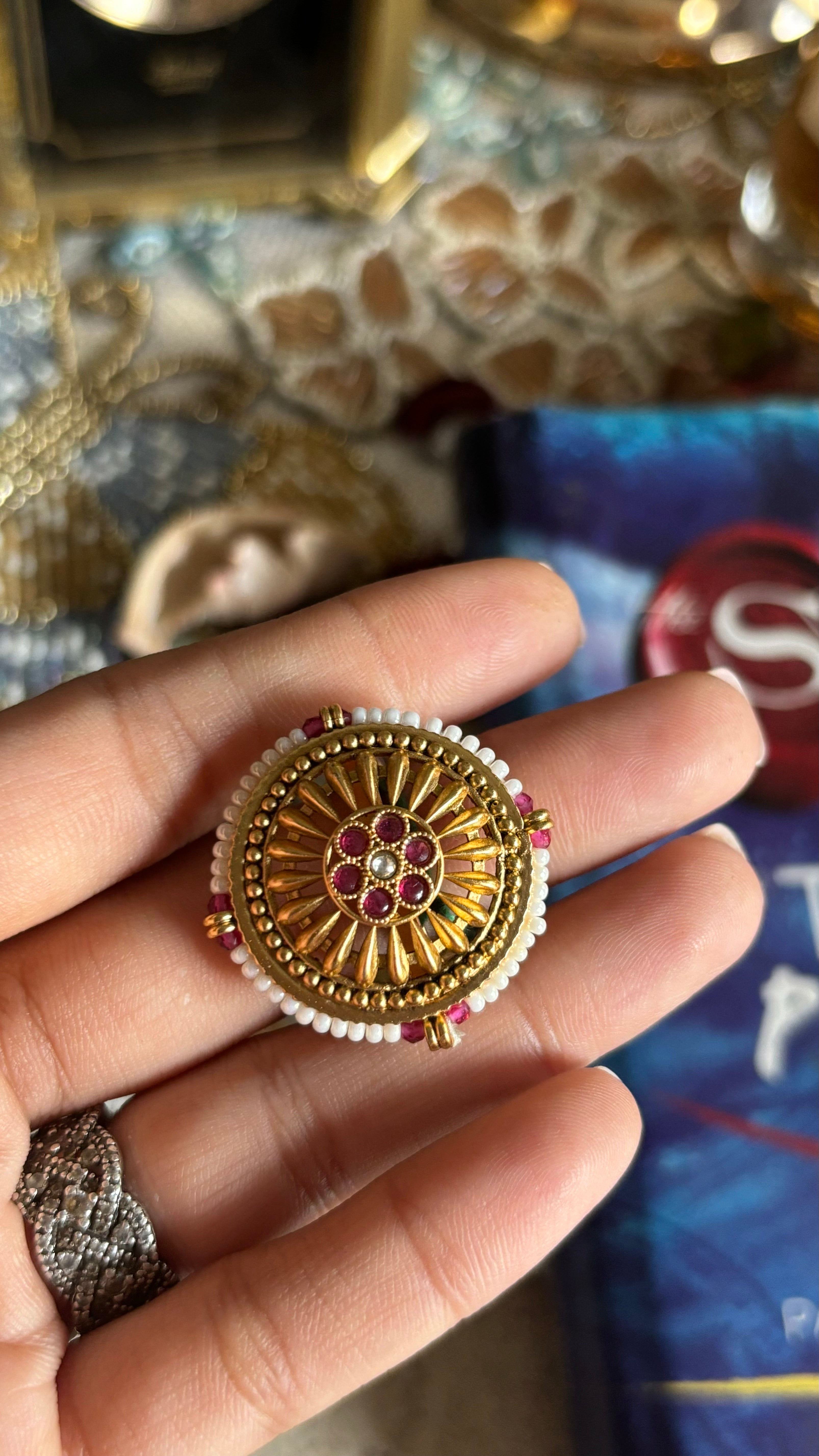 Rajwada pearl outline ruby ring