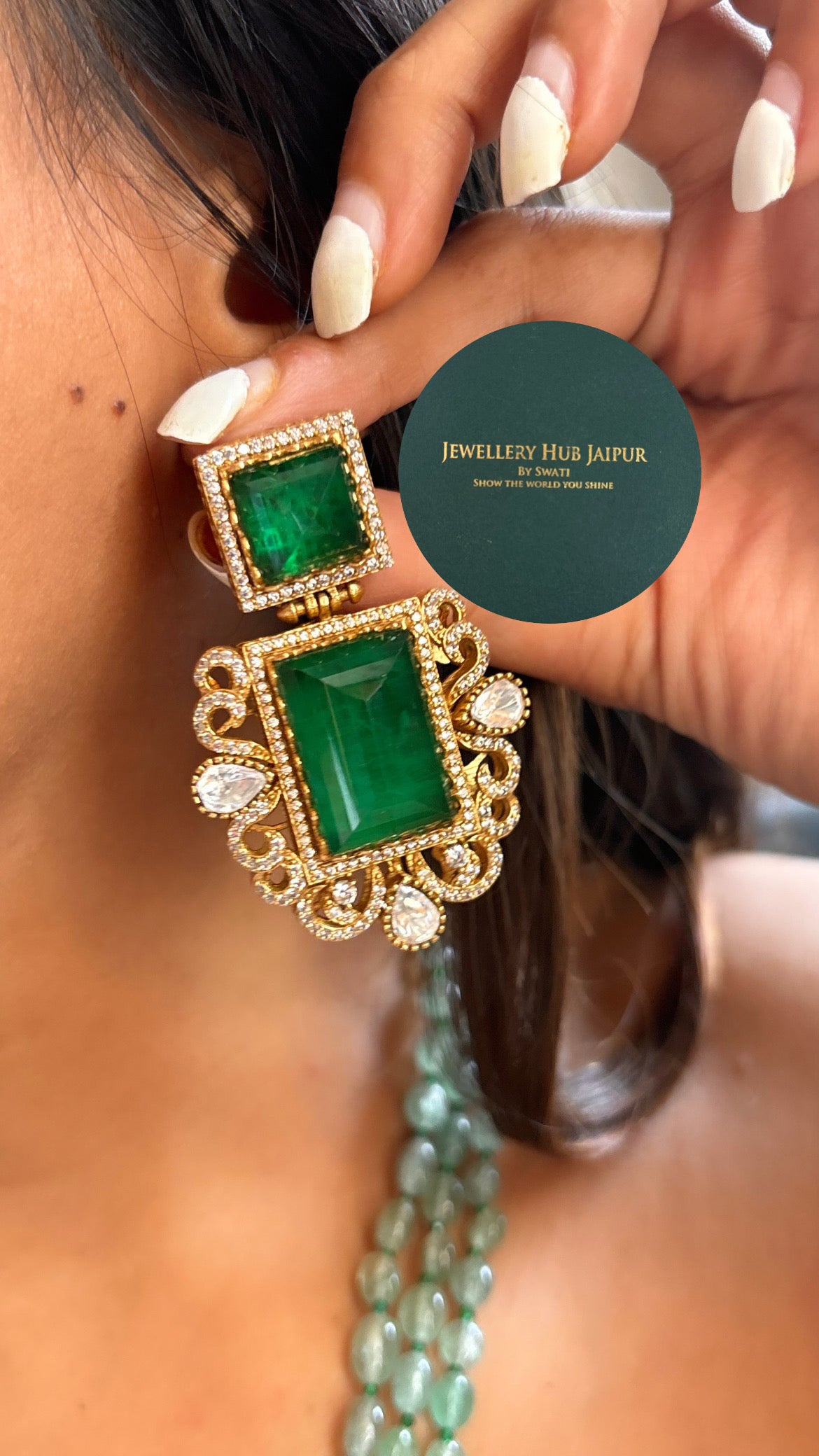 Designer Panda Gold Emerald long necklace set