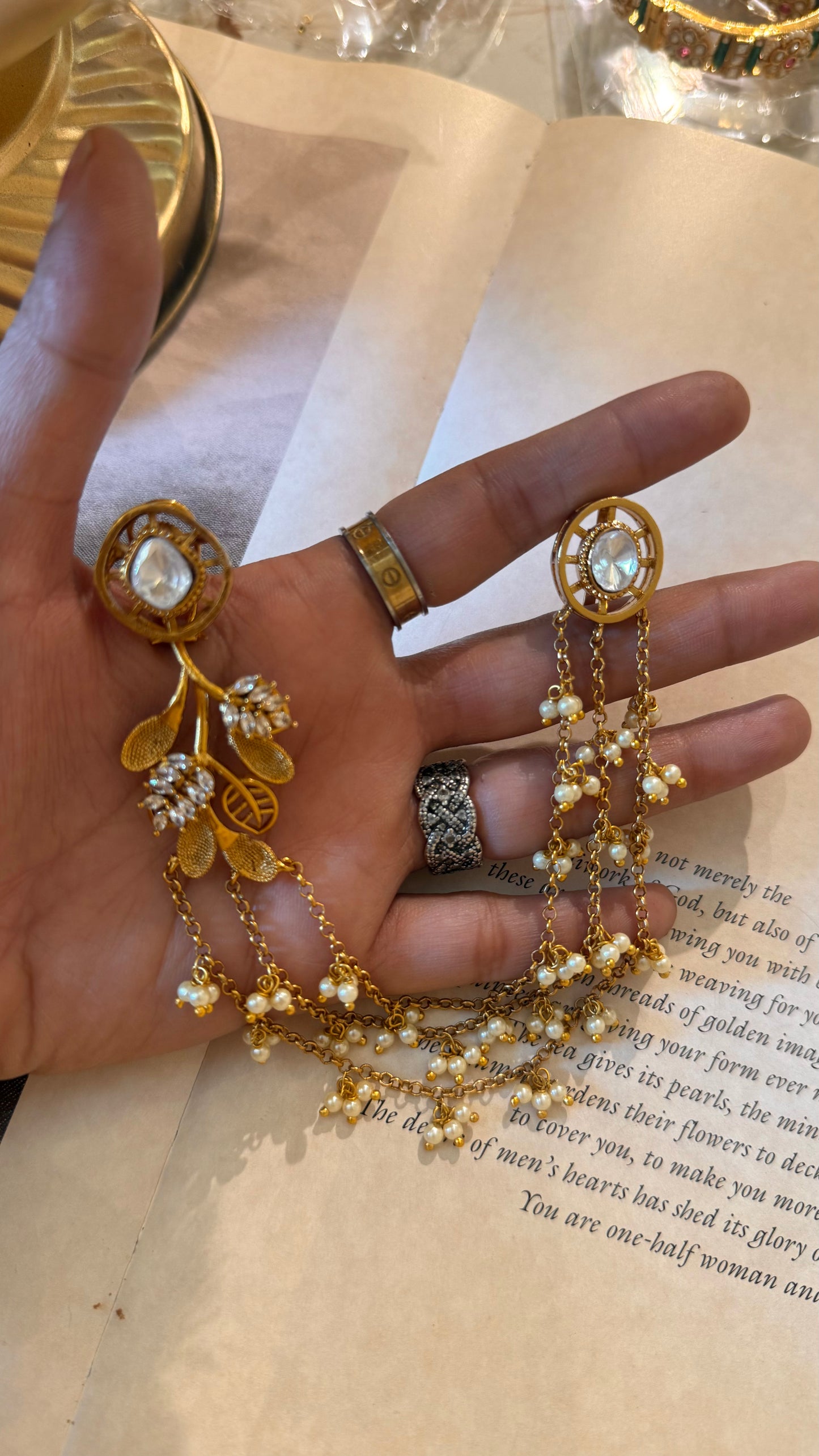 Polki studs with attached earchain with leaf detailing