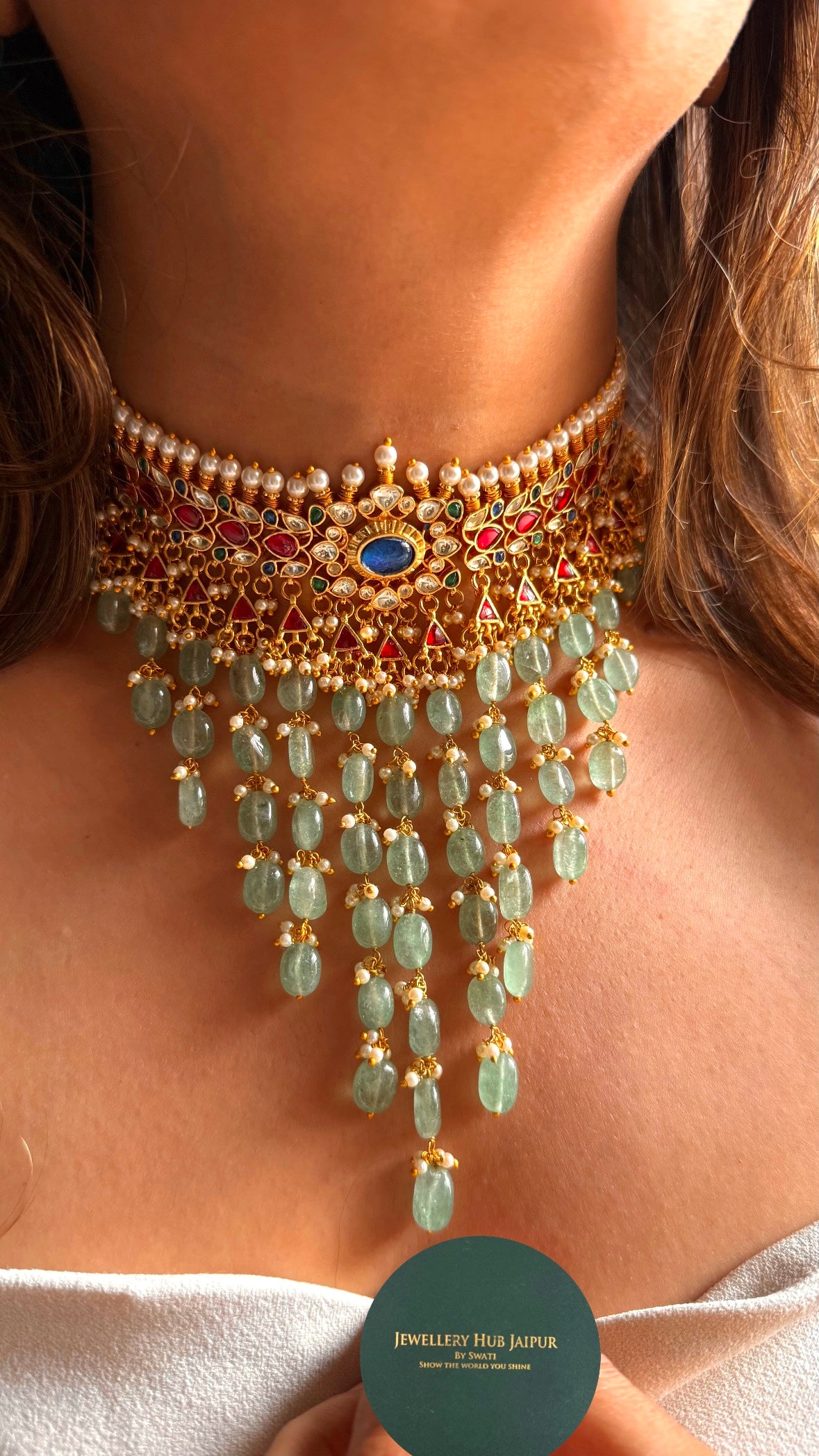 Sunheri sapphire pachi kundan mint pearl detailing Necklace