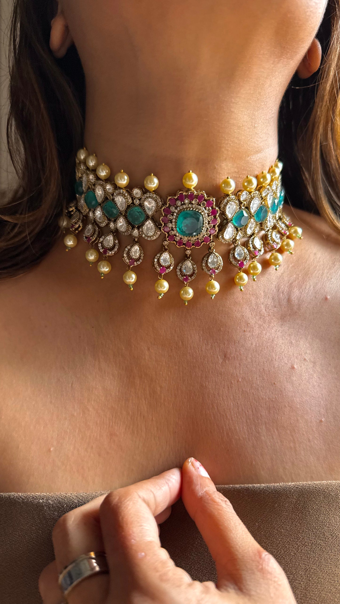 Turquoise & Rani pink choker with pearl detailing