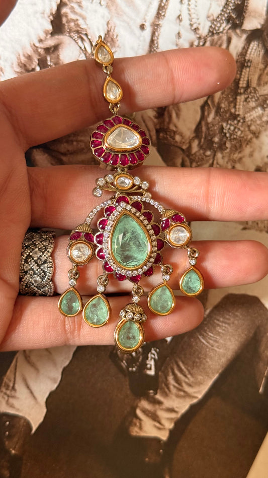 Mint & ruby katana floral moissanite maangtika