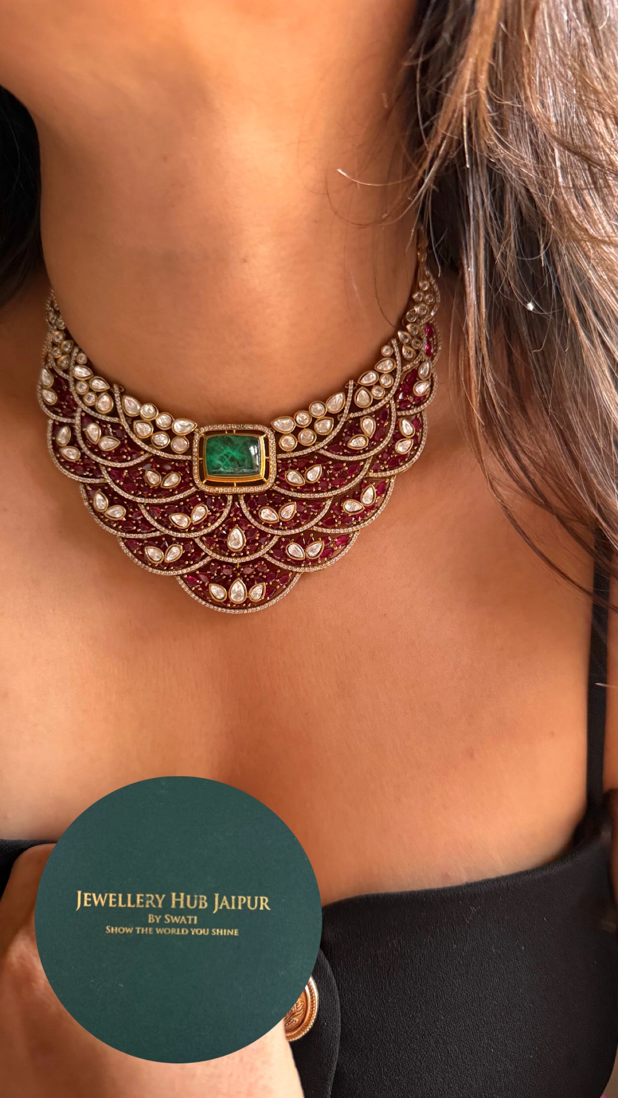 Emerald doublet & rani pink feathered designer Necklace