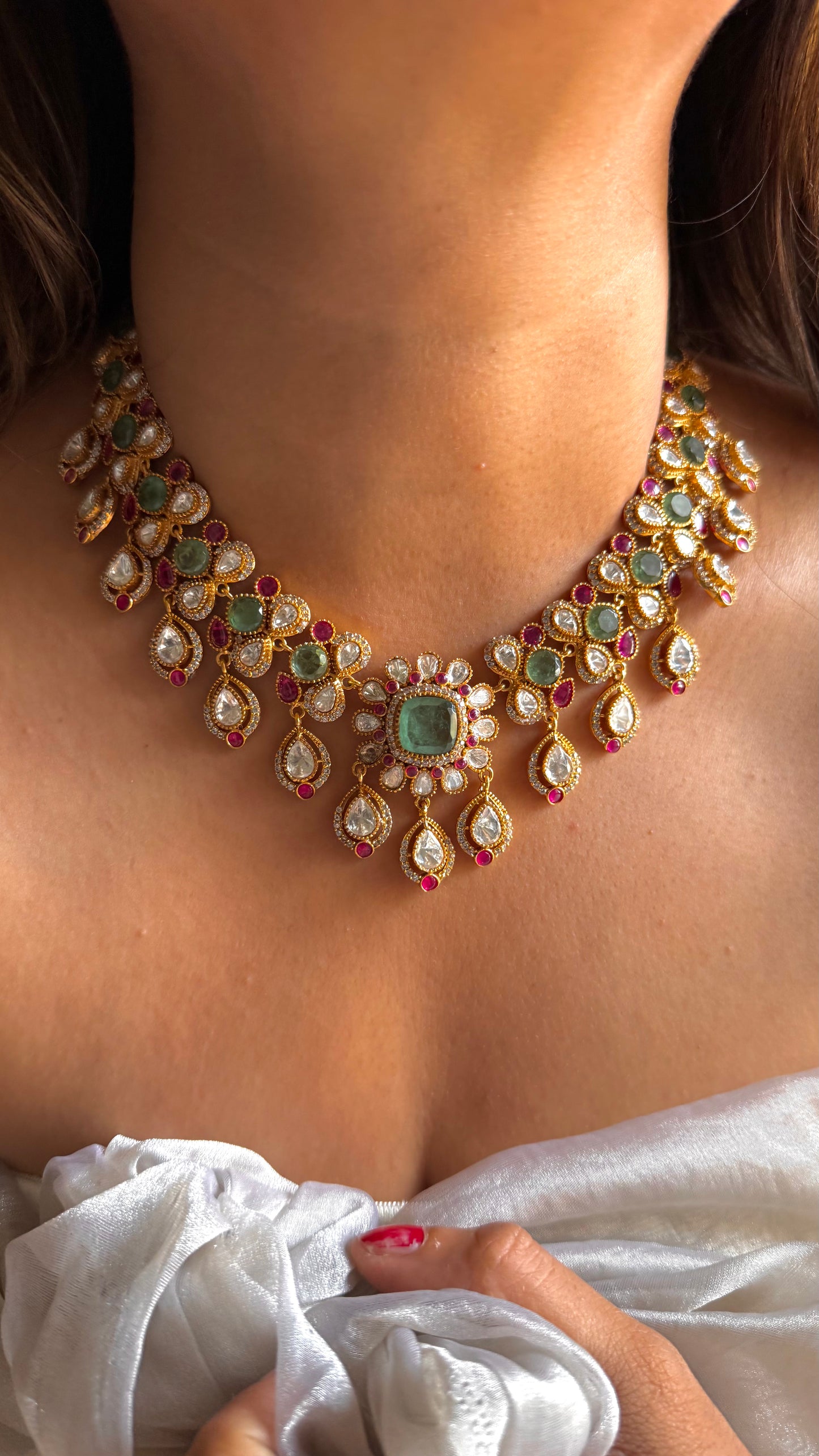 Mint & Rani pink floral polki collar necklace