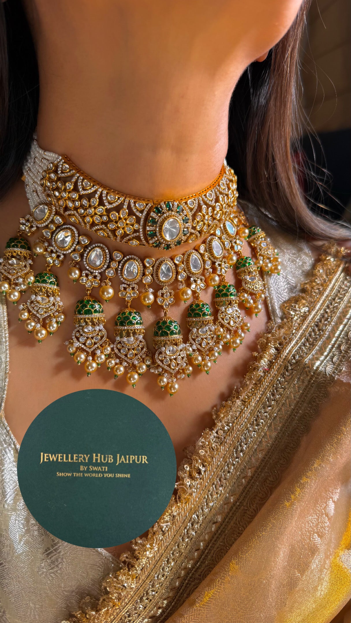 Emerald dual layer real Moissanite takkar work bridal choker