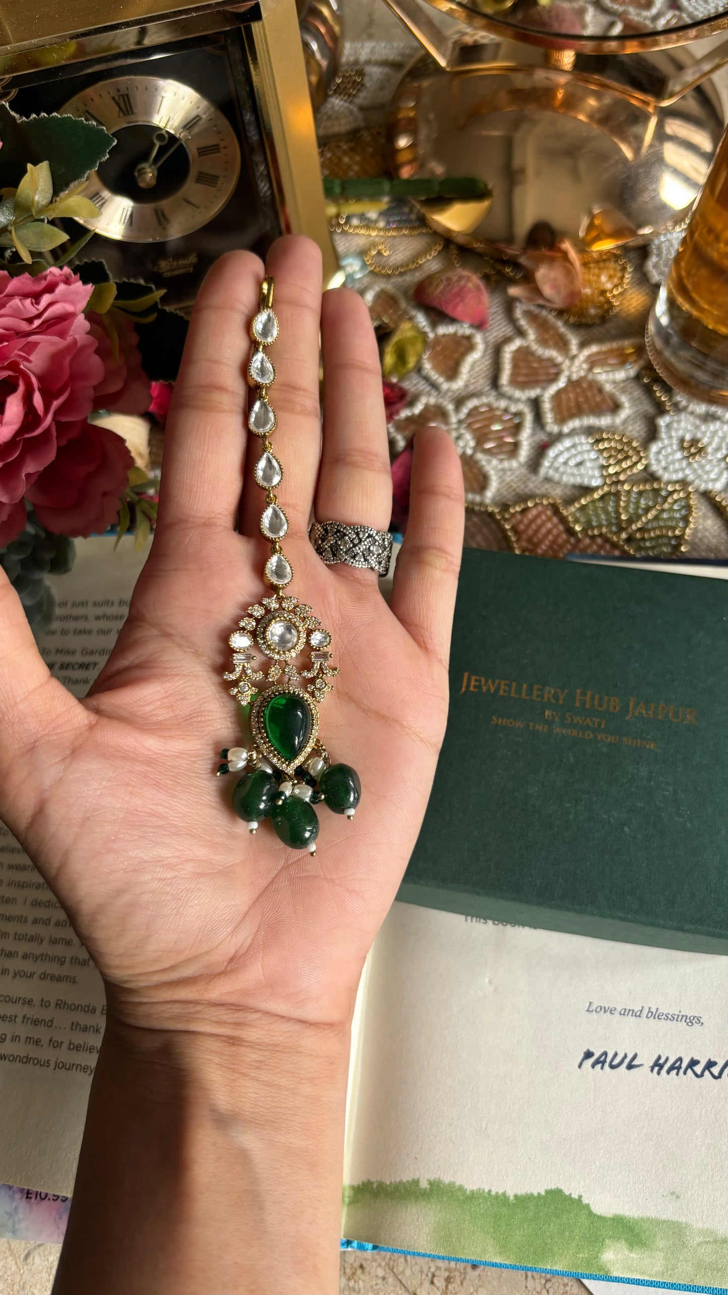 Invert drop emerald polki maangtika