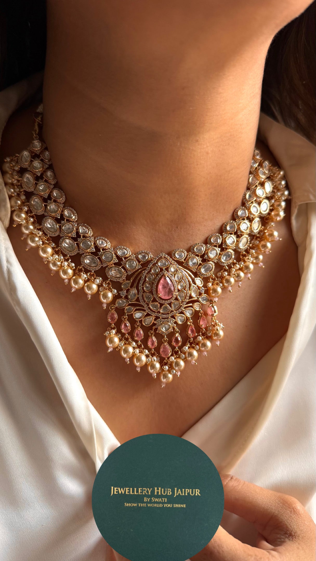 Rose quartz doublets & Moissanite polki Necklace with maangtika