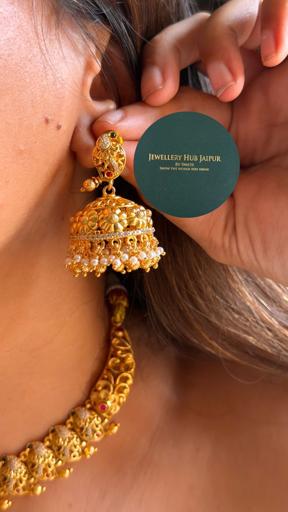 Ruby & emerald with minimal jhumka with pearl drop temple set