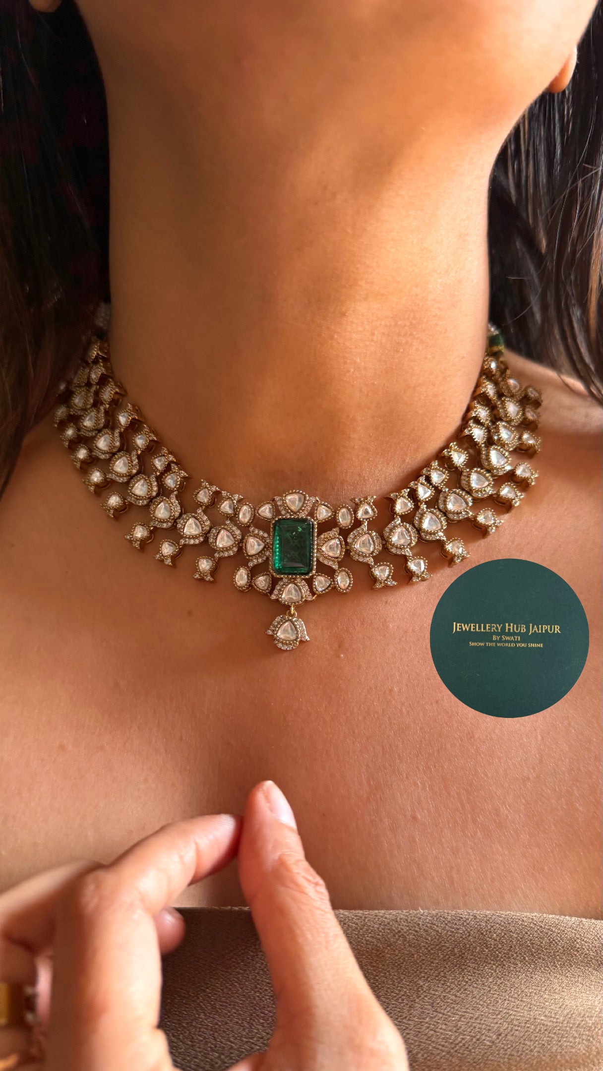 Emerald polki victorian minimal necklace
