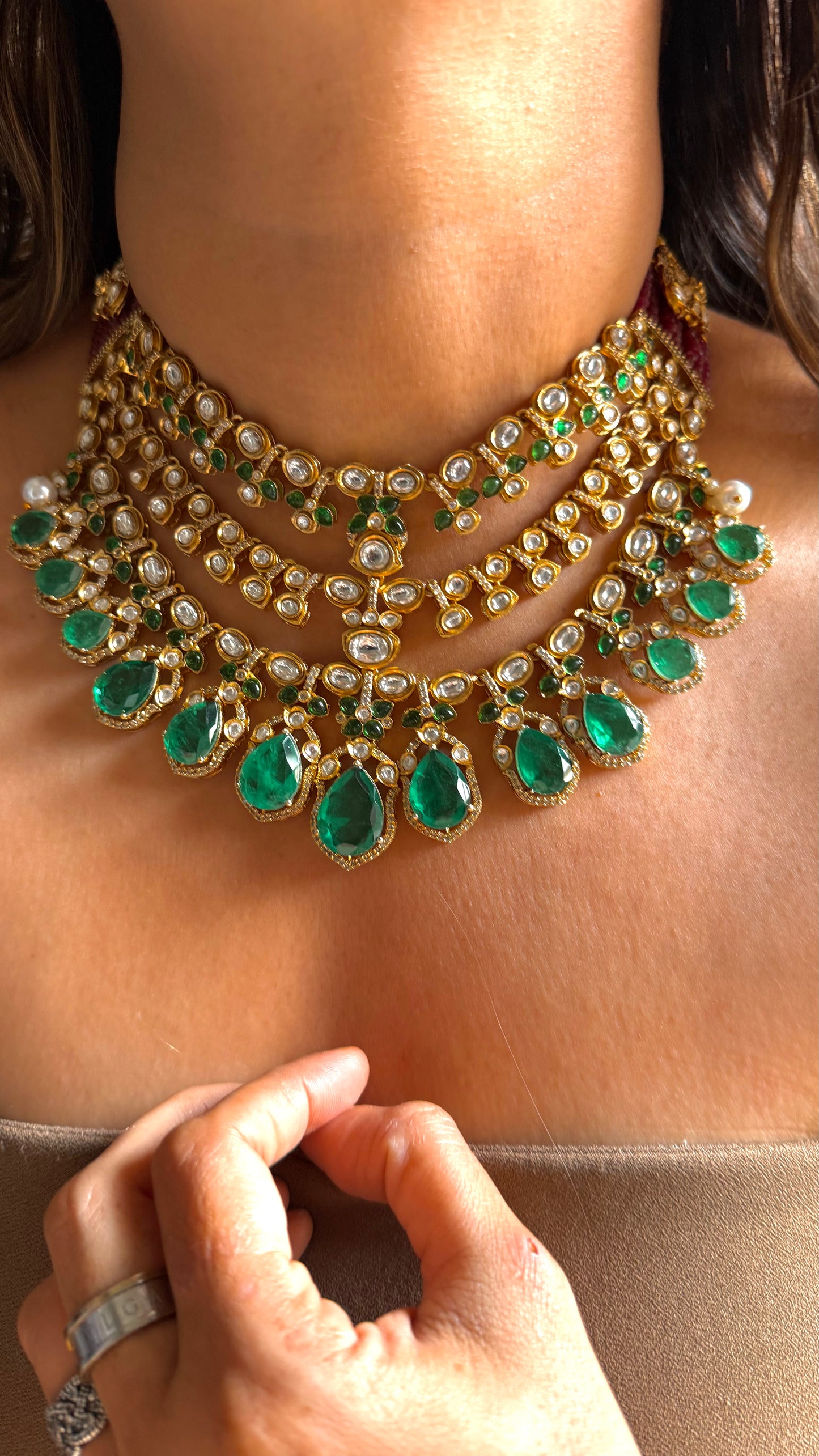 Emerald doublet & ruby polki work necklace