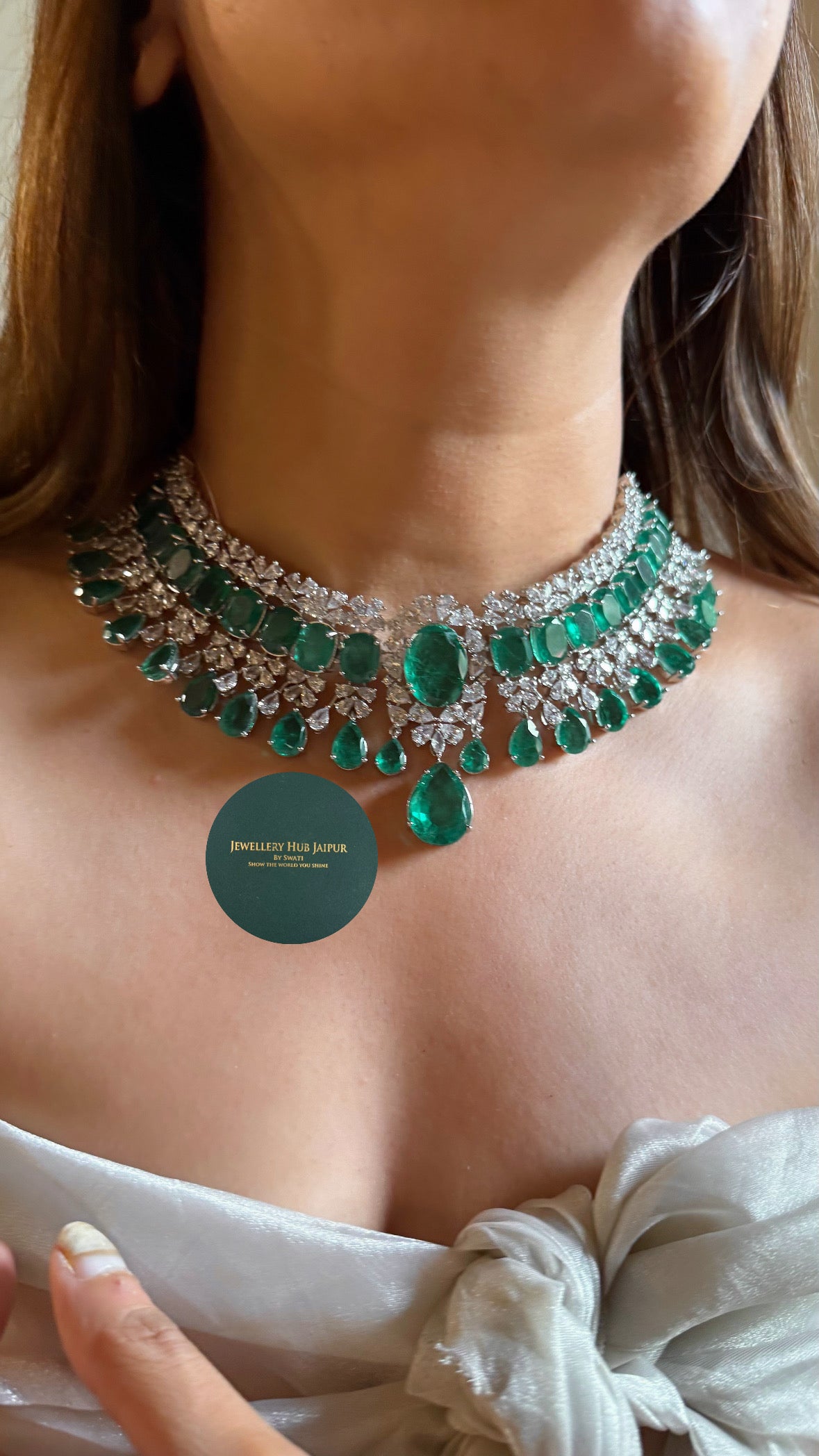 Emerald doublet cz diamond designer choker set