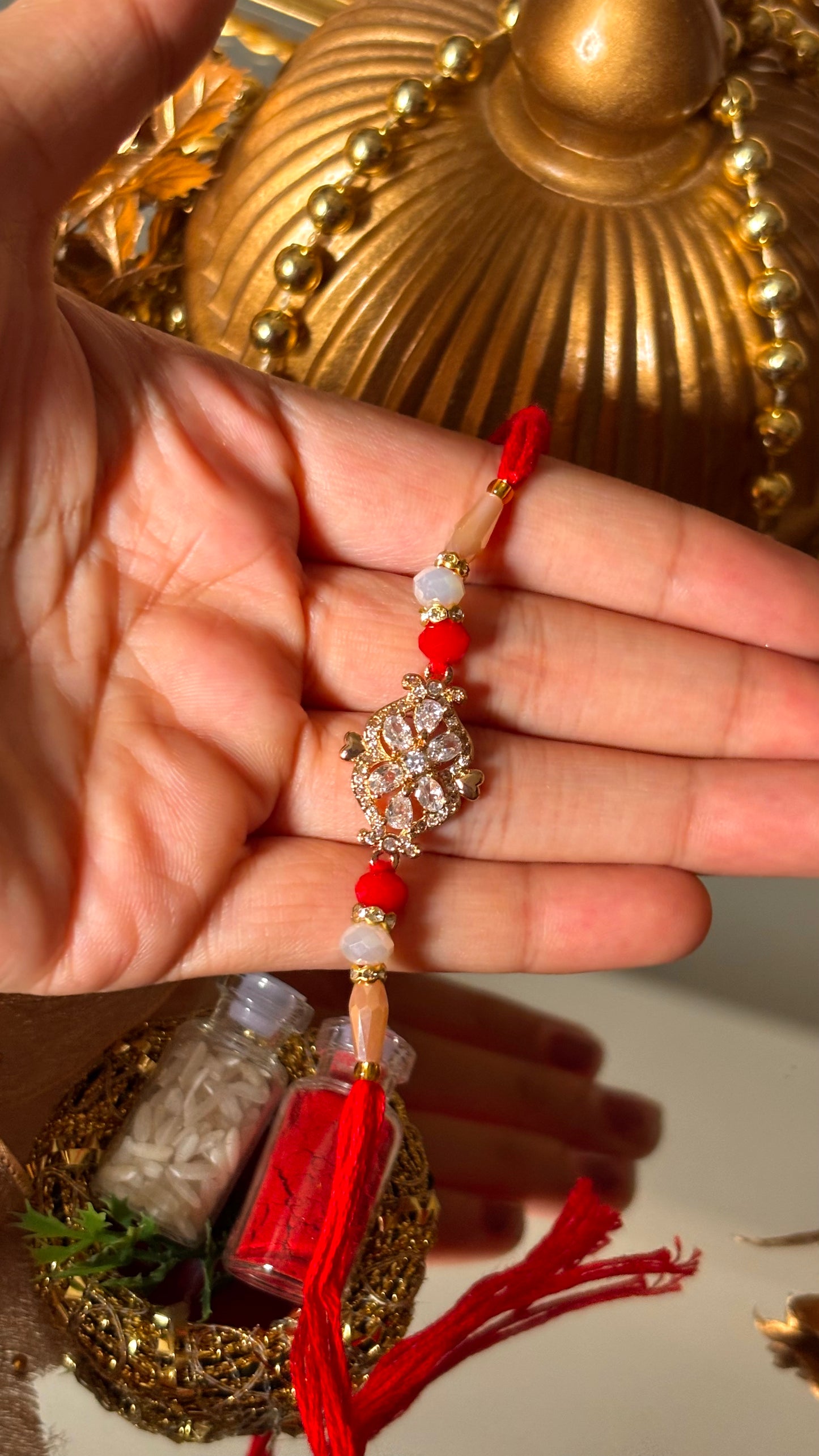 Cz Diamond polki red thread rakhi ( shipping will be extra )