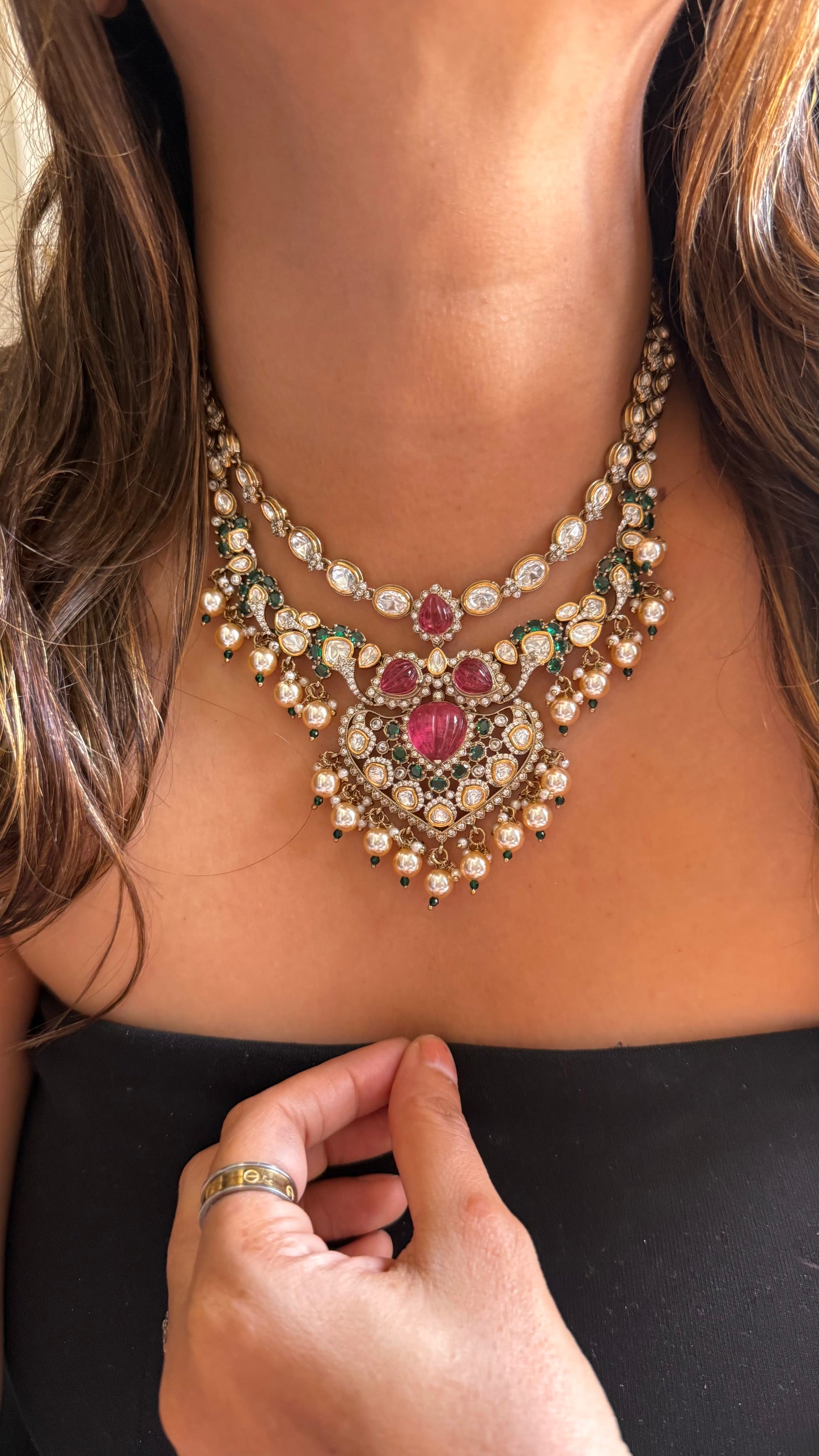 Lotus Pattern Inspired Mauve & Emerald Polki Necklace