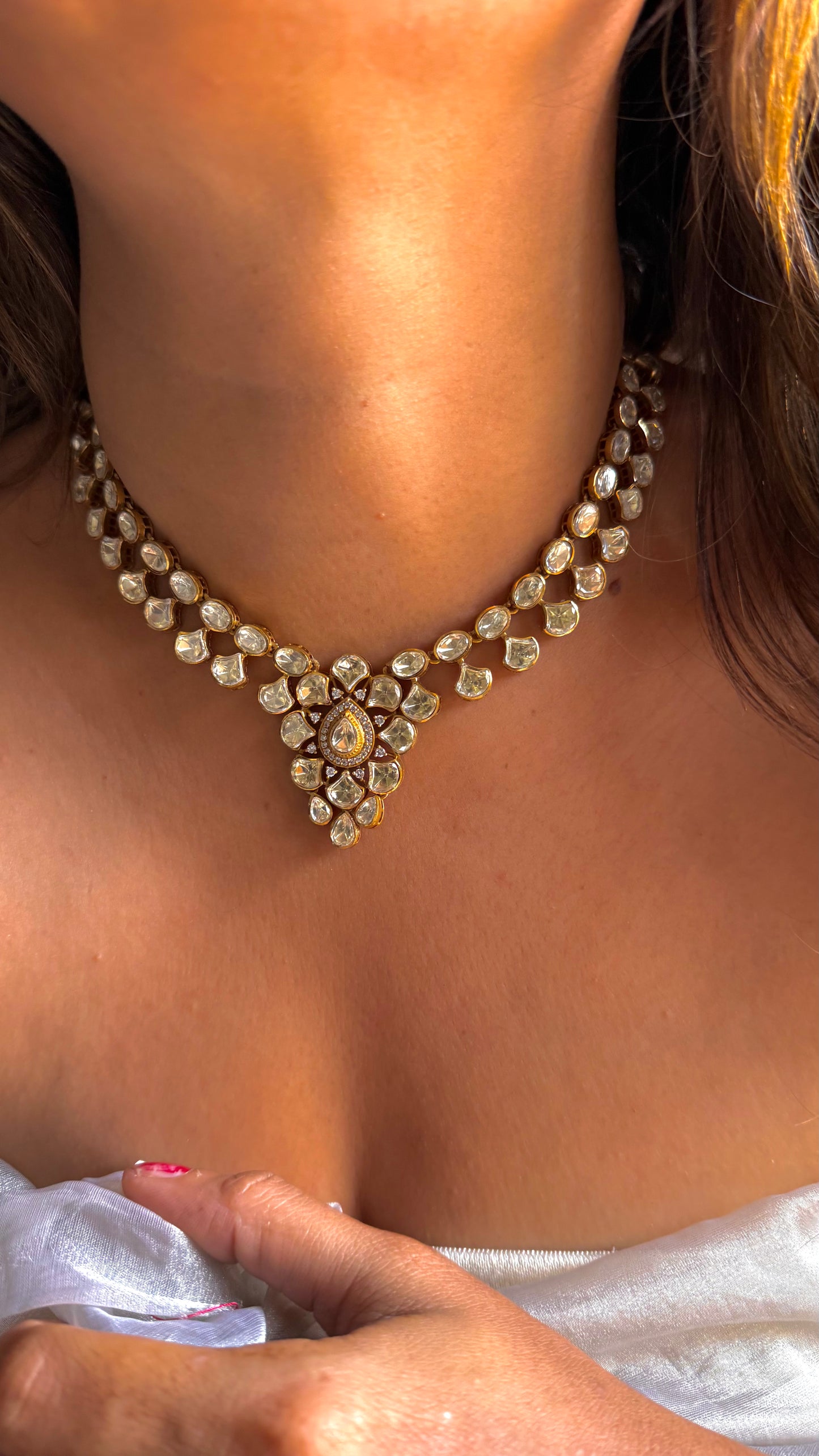 Real Moissanite peeli polki collar necklace