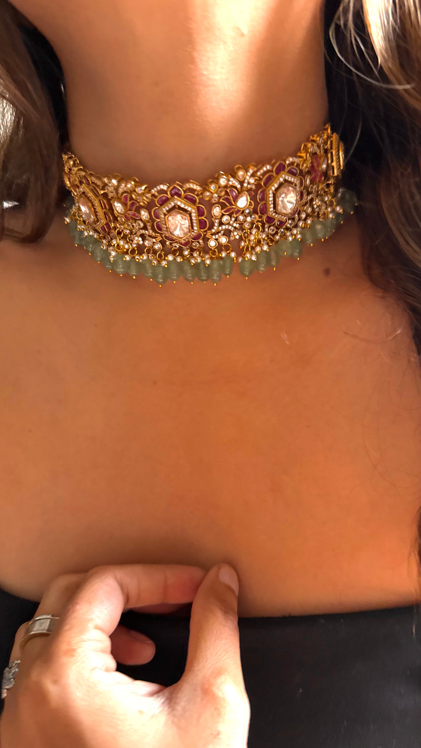 Ruby Takkar work polki necklace with mint detailing