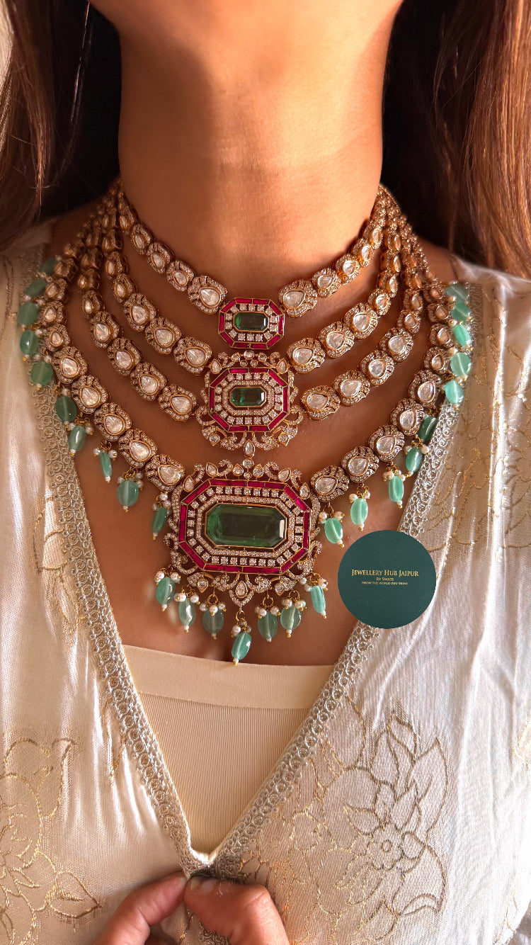 Manvi Mint doublet & rani pink four layer with mint drops necklace