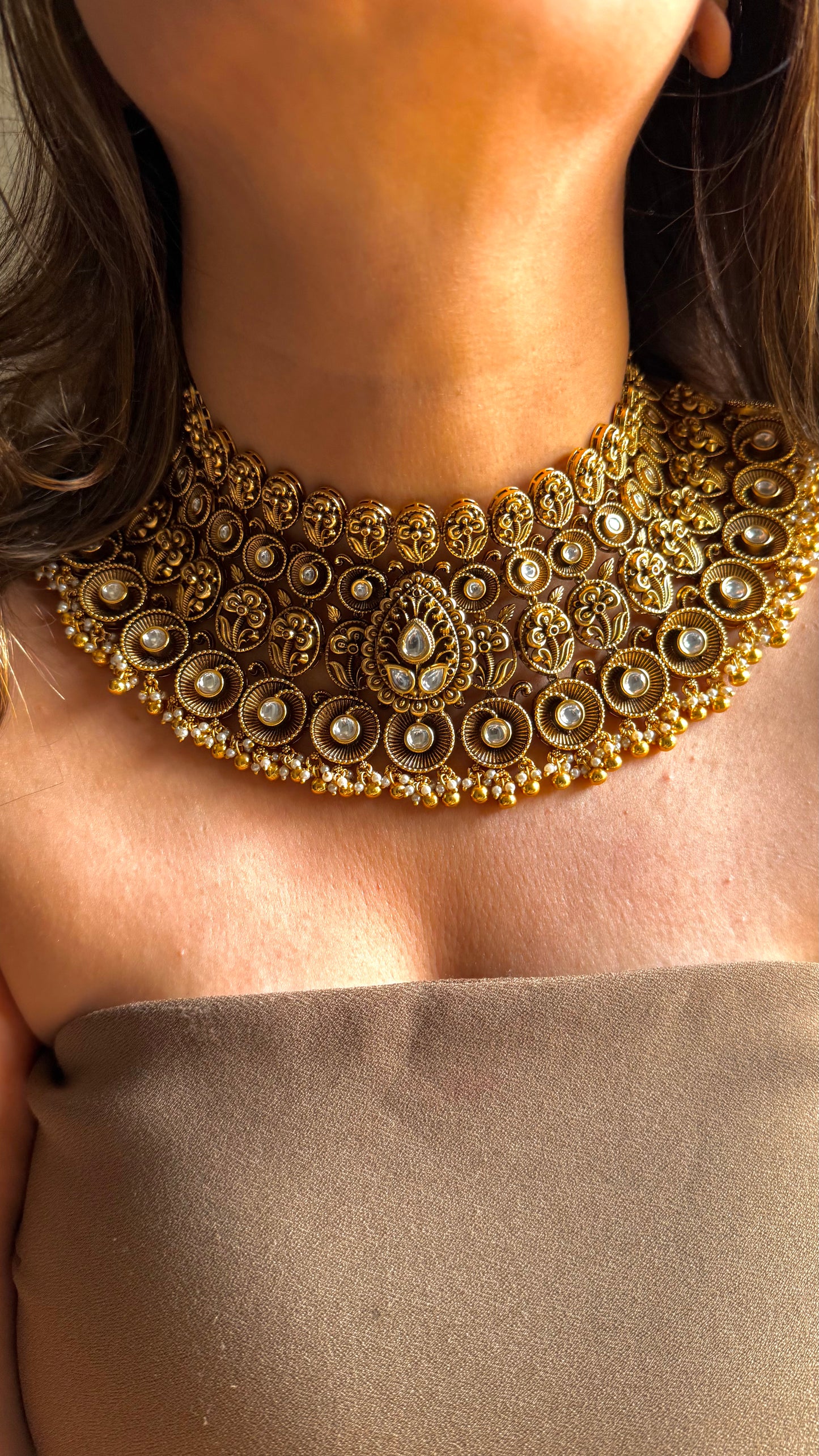 Floral Nakshi oxidised gold polki Choker