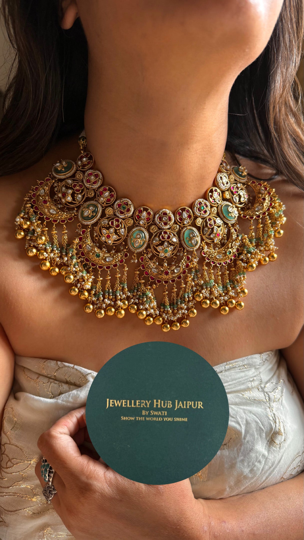 Ruby & mint heritage half moon rajwada Necklace
