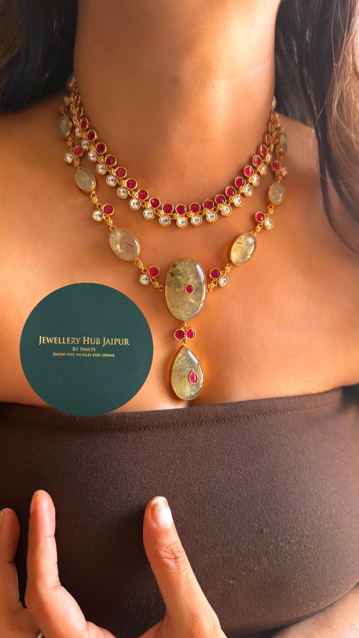 Amrapali inspired Natural stone Mint real  & rani pink moissanite dual layer collar set