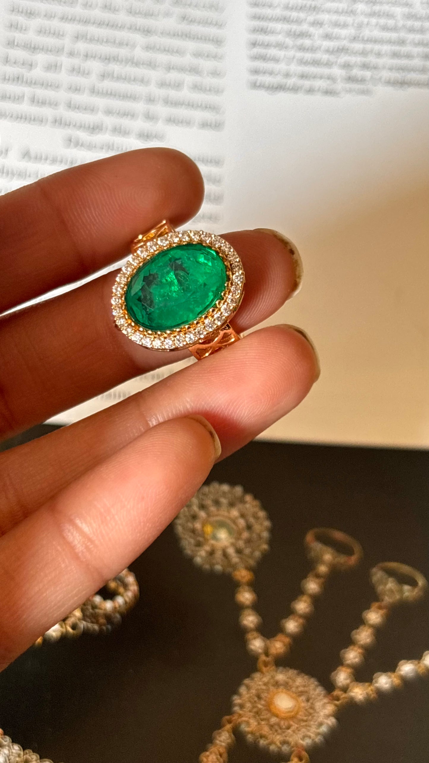 Emerald stone moissanite ring
