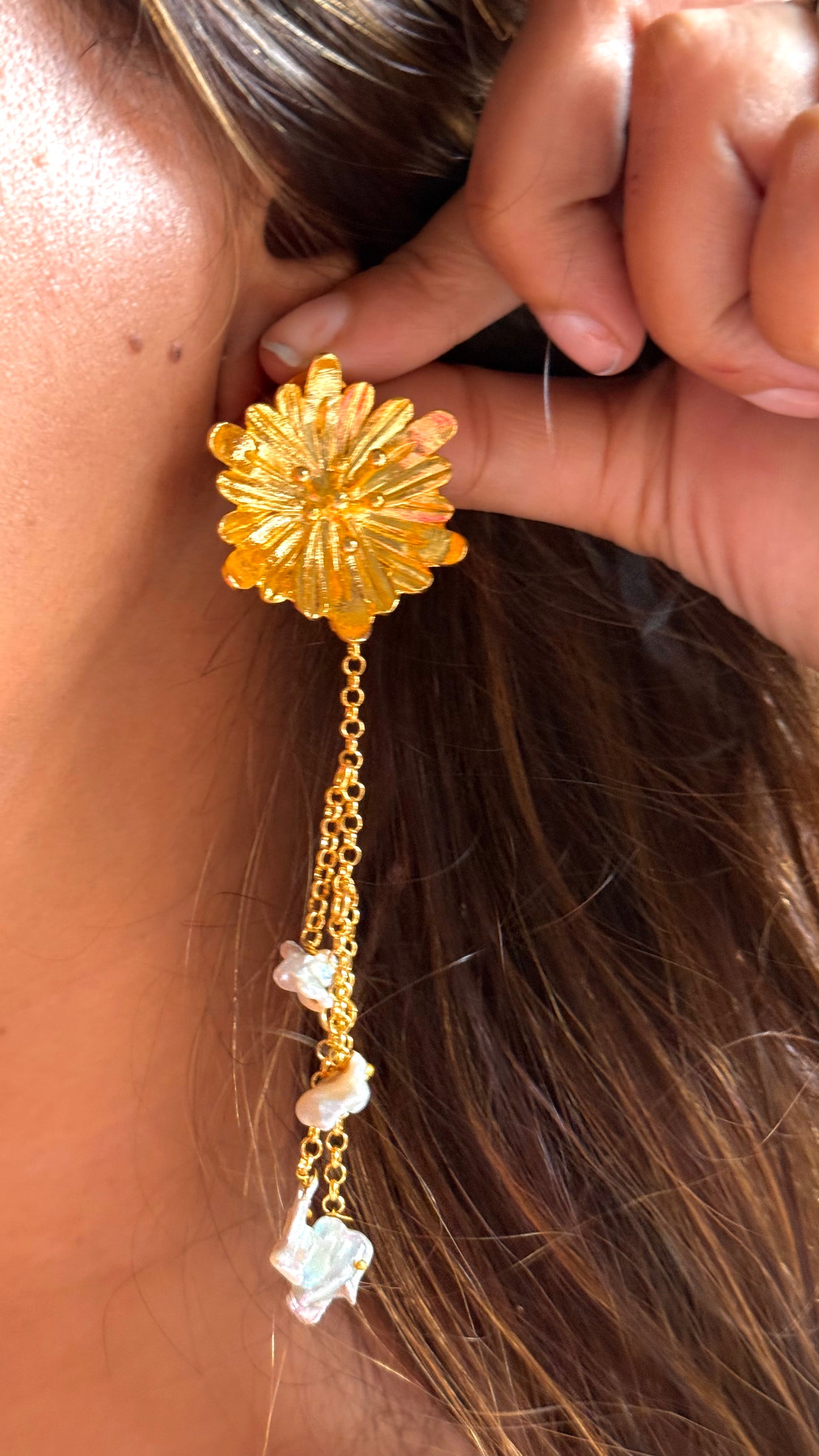 24kt Dubai Gold inspired floral Danglers with pearl detailing