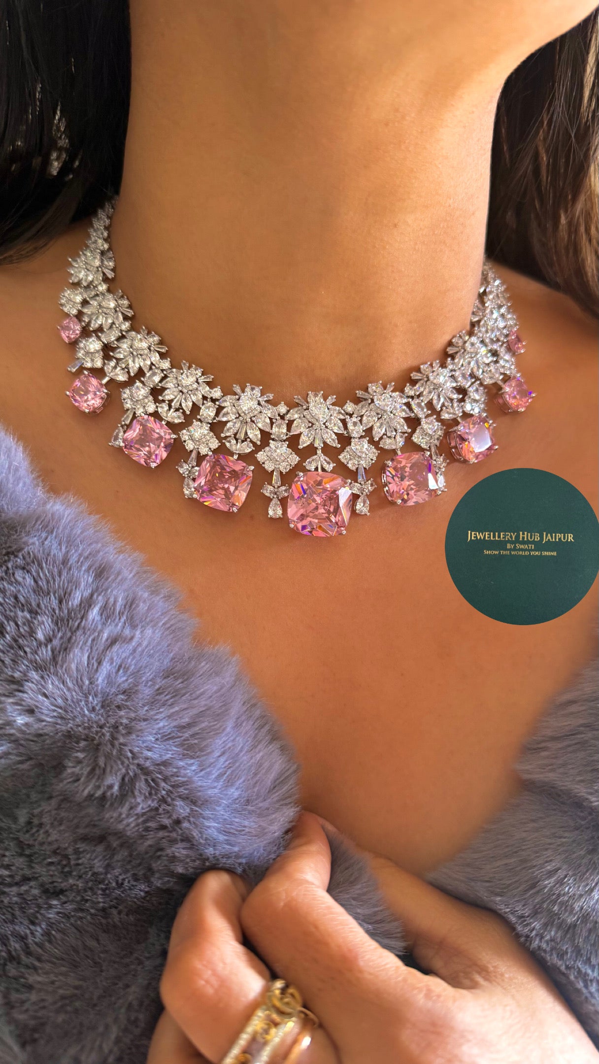 Rose Quartz cz diamond statement necklace