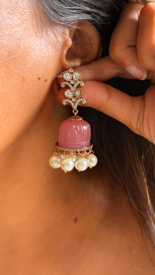Rose quartz carving moissanite jhumki