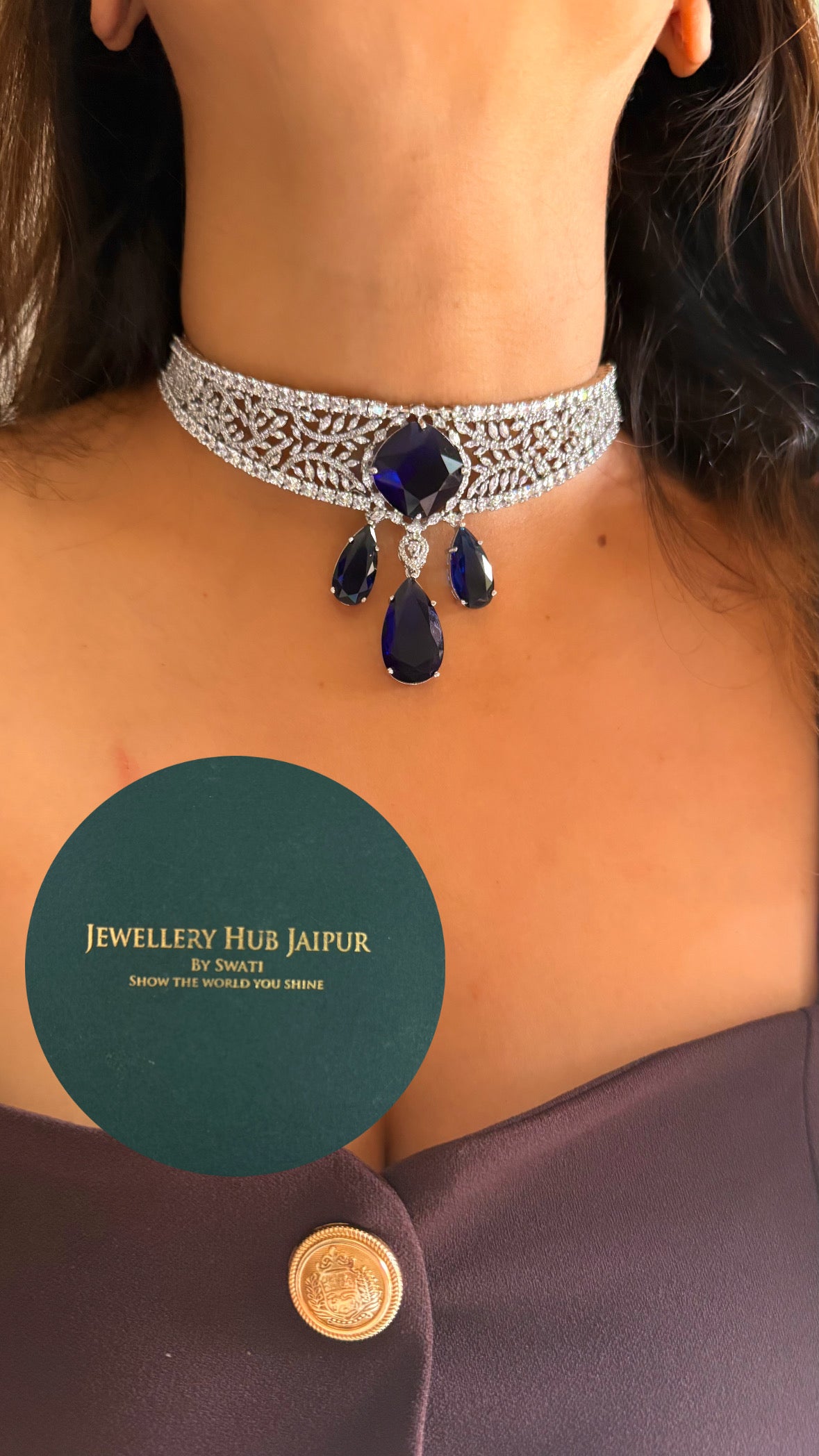 Cocktail sapphire with drop diamond choker set