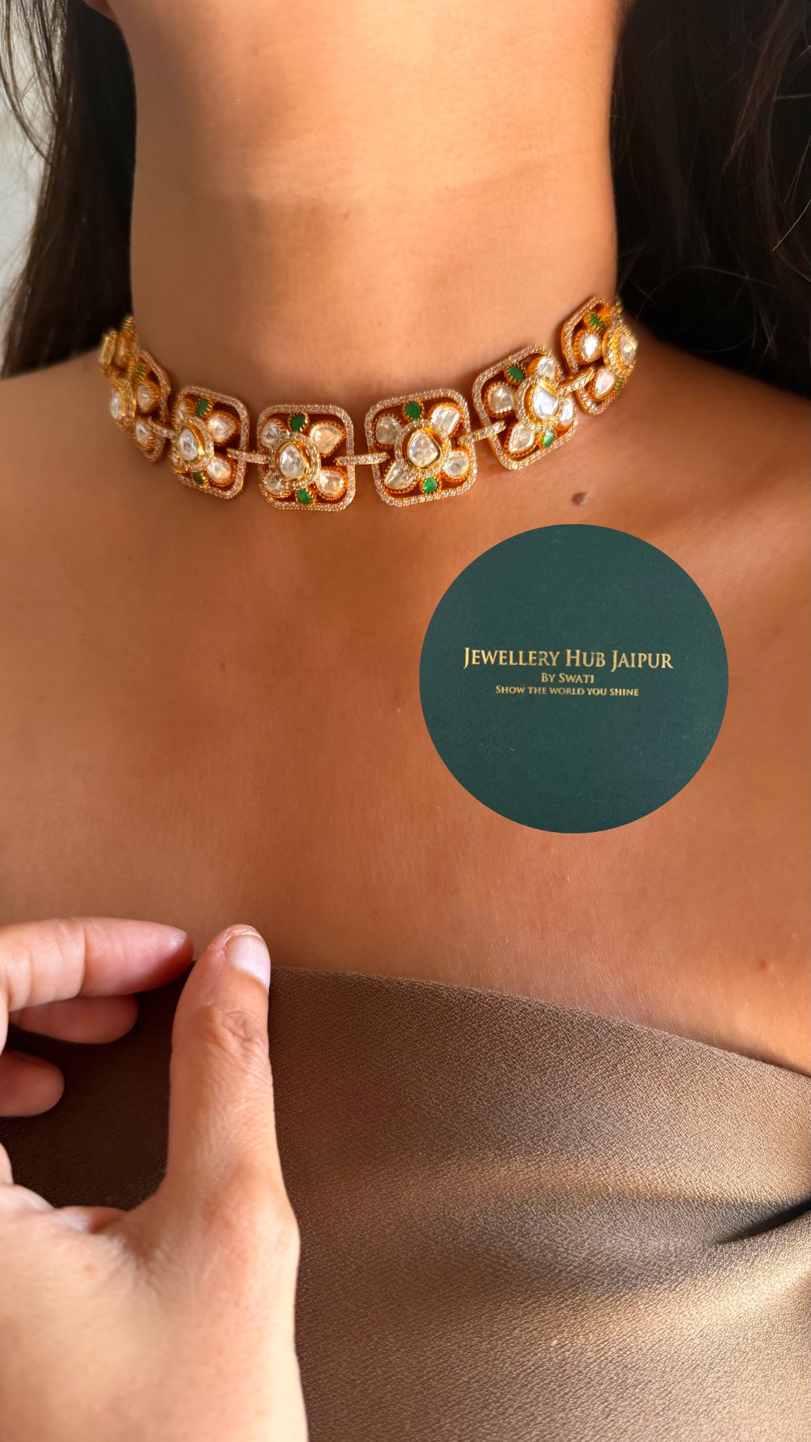 Real moissanite emerald floral design choker set
