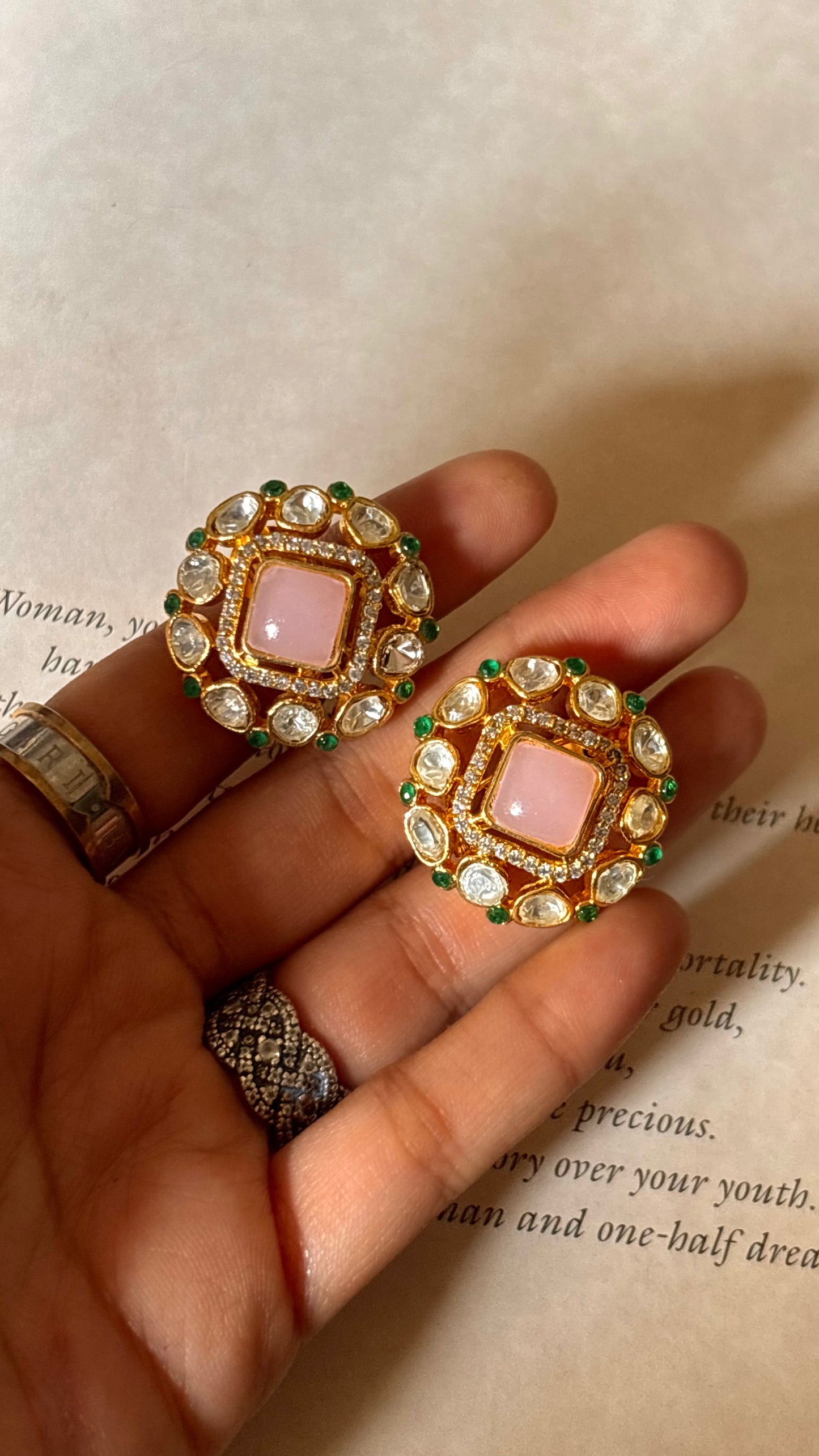 Rose quartz moissanite with emerald Studs