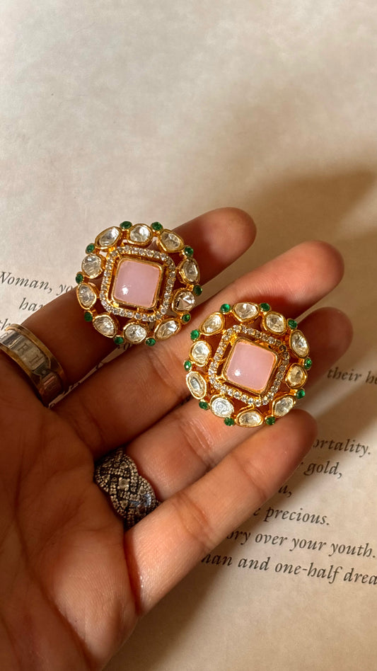 Rose quartz moissanite with emerald Studs