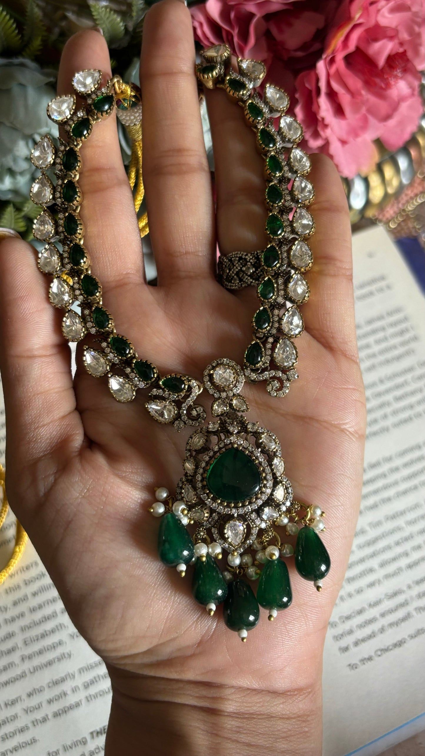 Emerald Moissanite doublet collar necklace with earrings