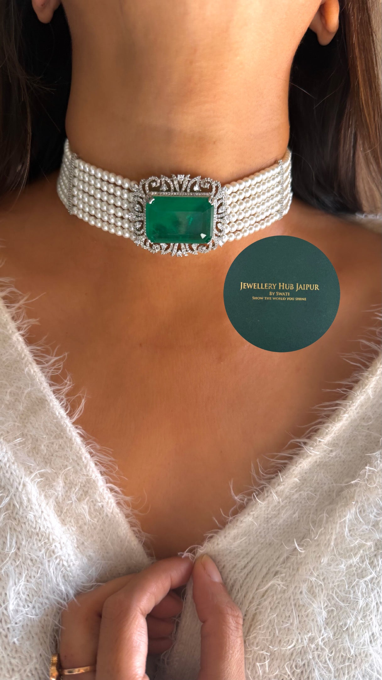 Emerald pearl cz diamond choker set