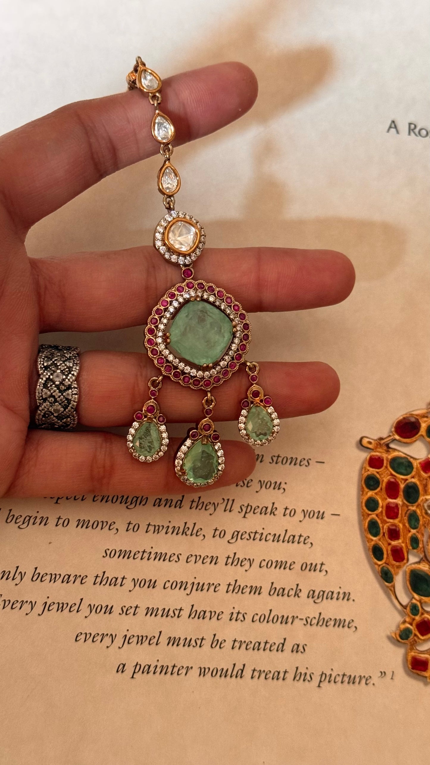 Mint doublet & rani pink moissanite uncut maangtika