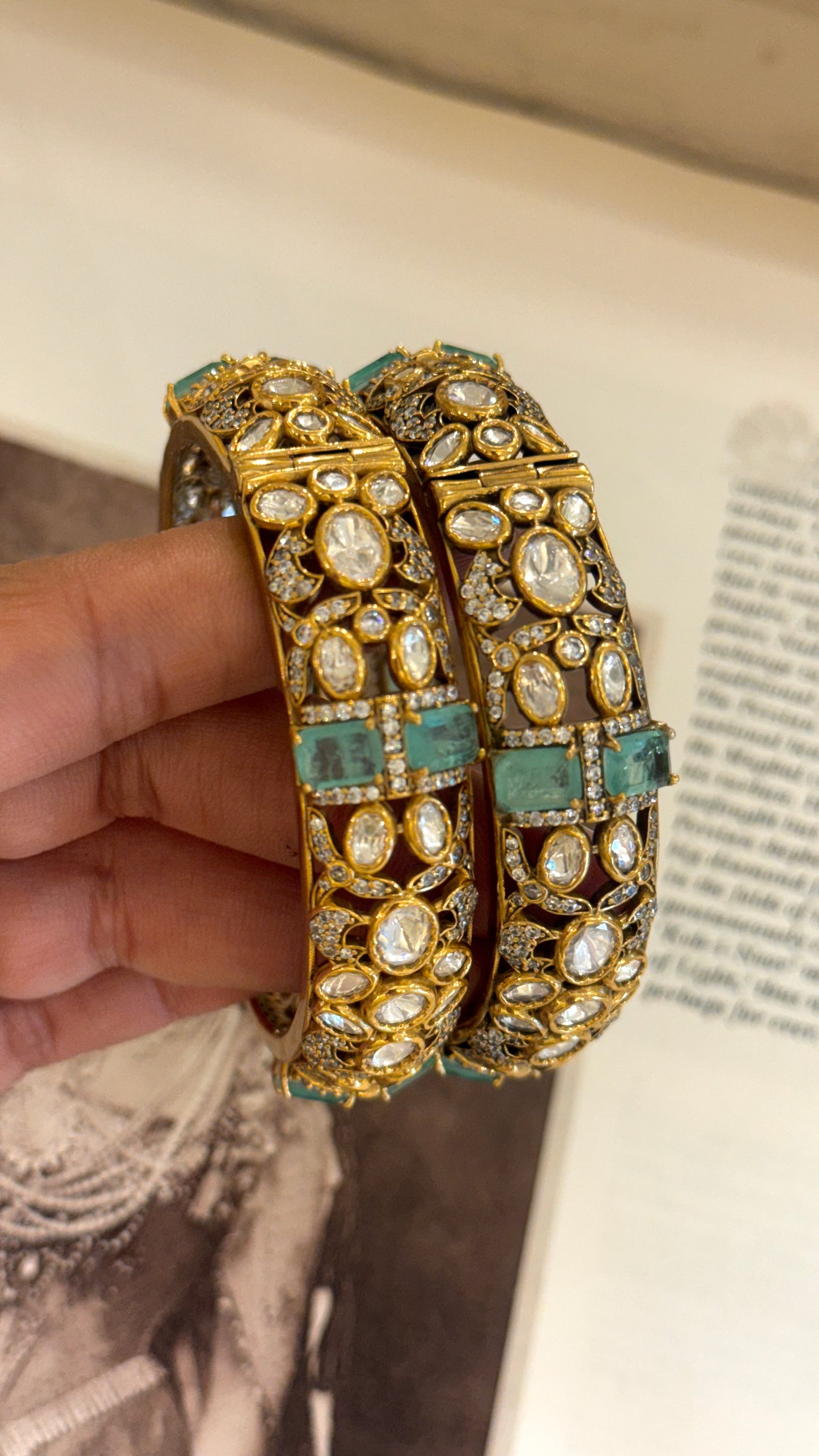 Mint moissanite polki bangles (Victorian base - Gold upper)