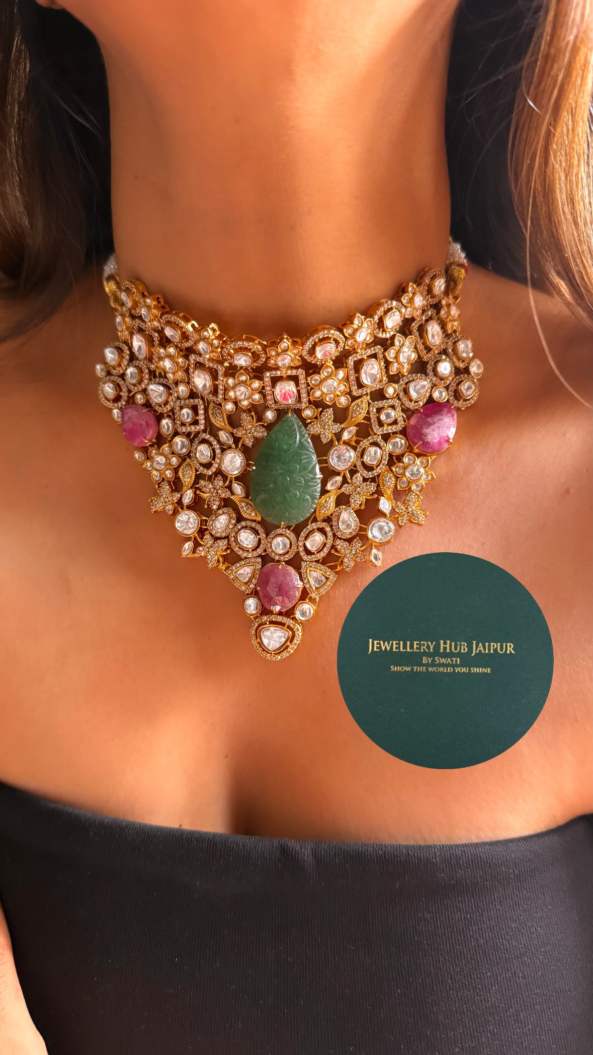 Mint inlay handmade & pastel rani pink gem with moissanite polki choker set