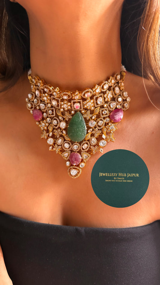 Mint inlay handmade & pastel rani pink gem with moissanite polki choker set