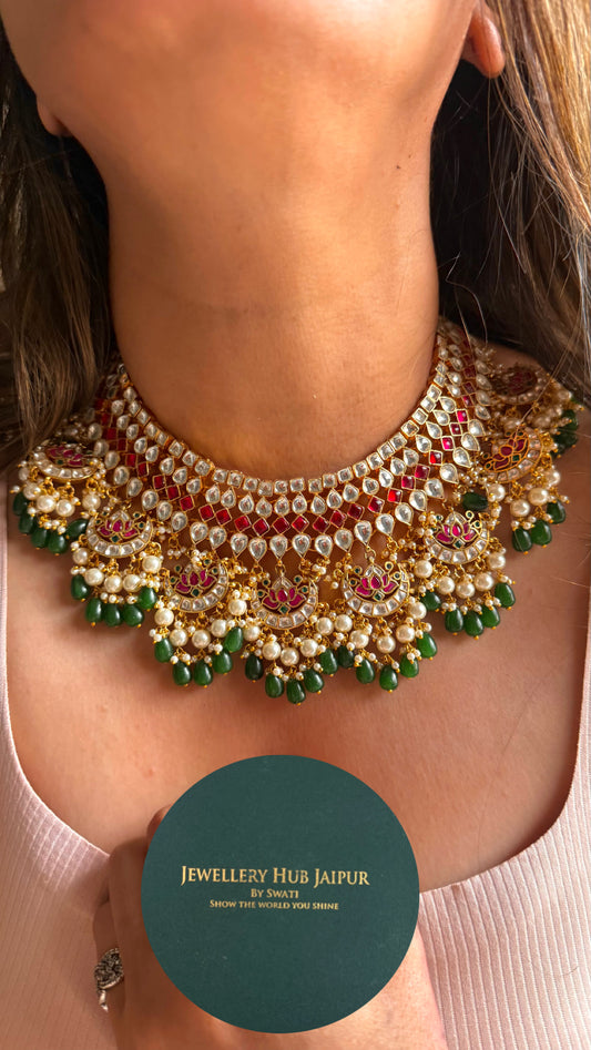 Lotus inspired emerald & Rani pink handmade Paachi Kundan jadau collar necklace