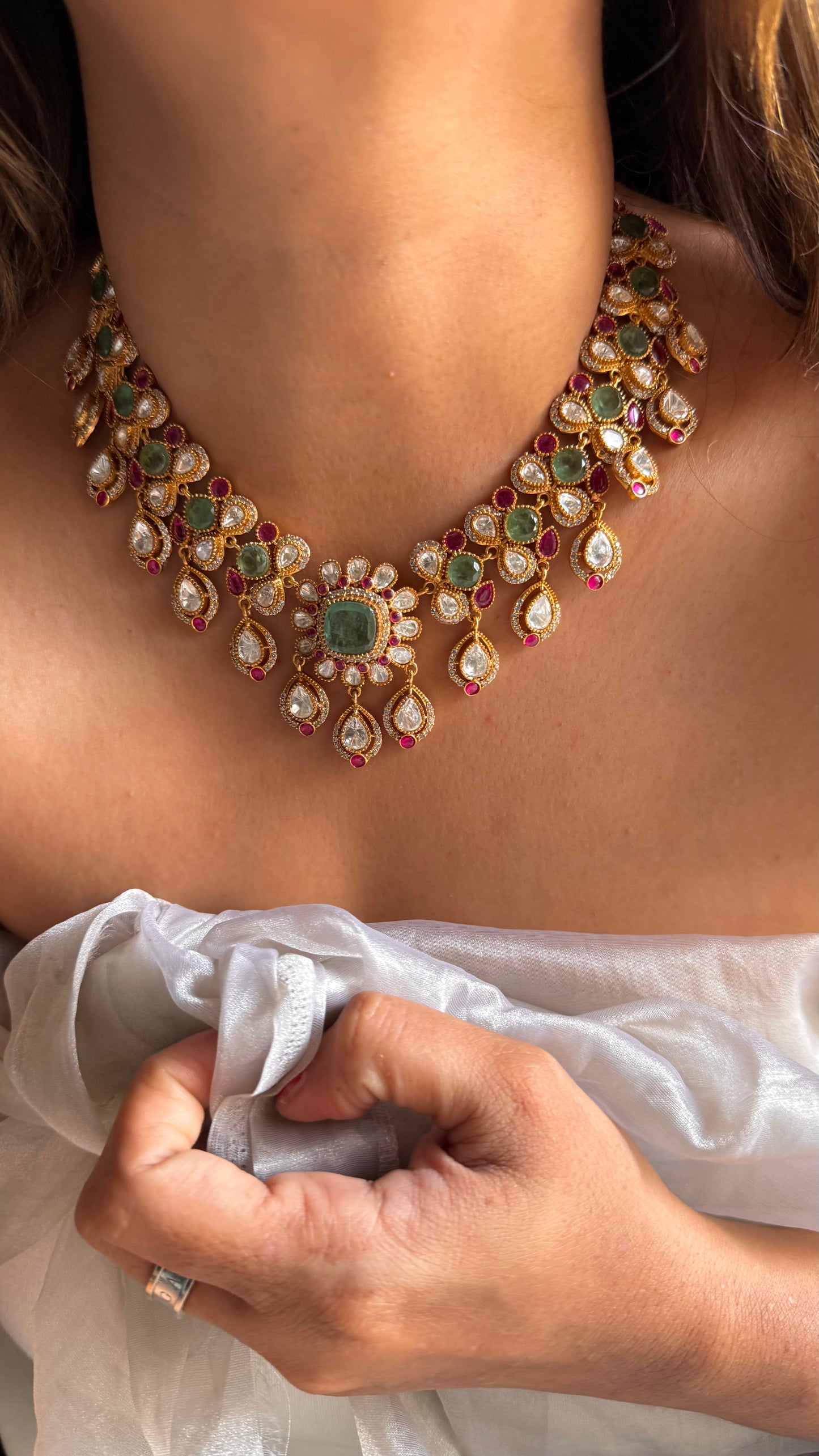 Mint & Rani pink floral polki collar necklace