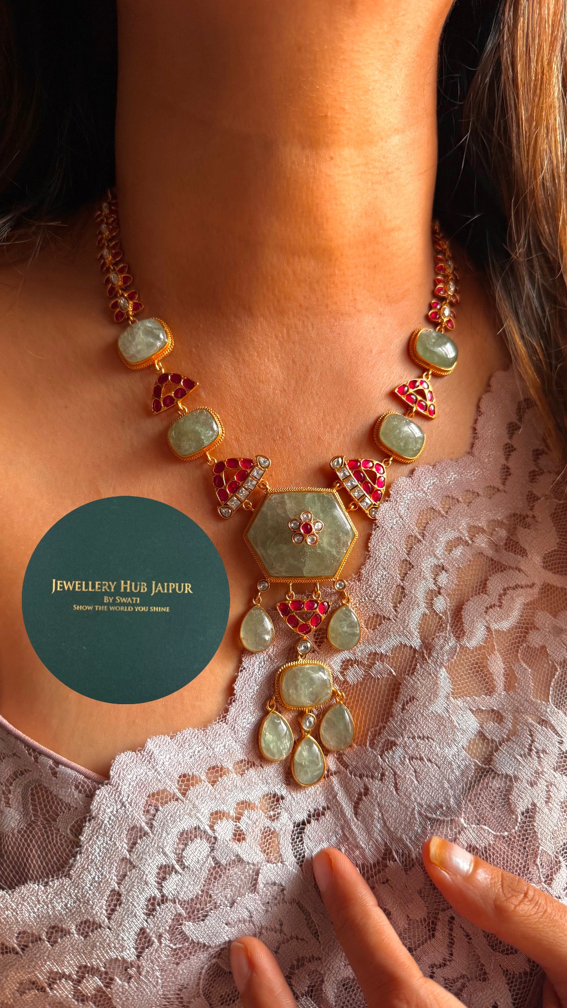 Amrapali inspired Natural stone Mint inlay & rani pink mid length set