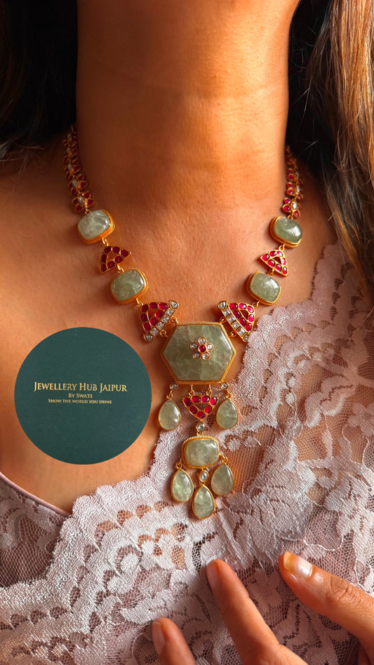Amrapali inspired Natural stone Mint inlay & rani pink mid length set