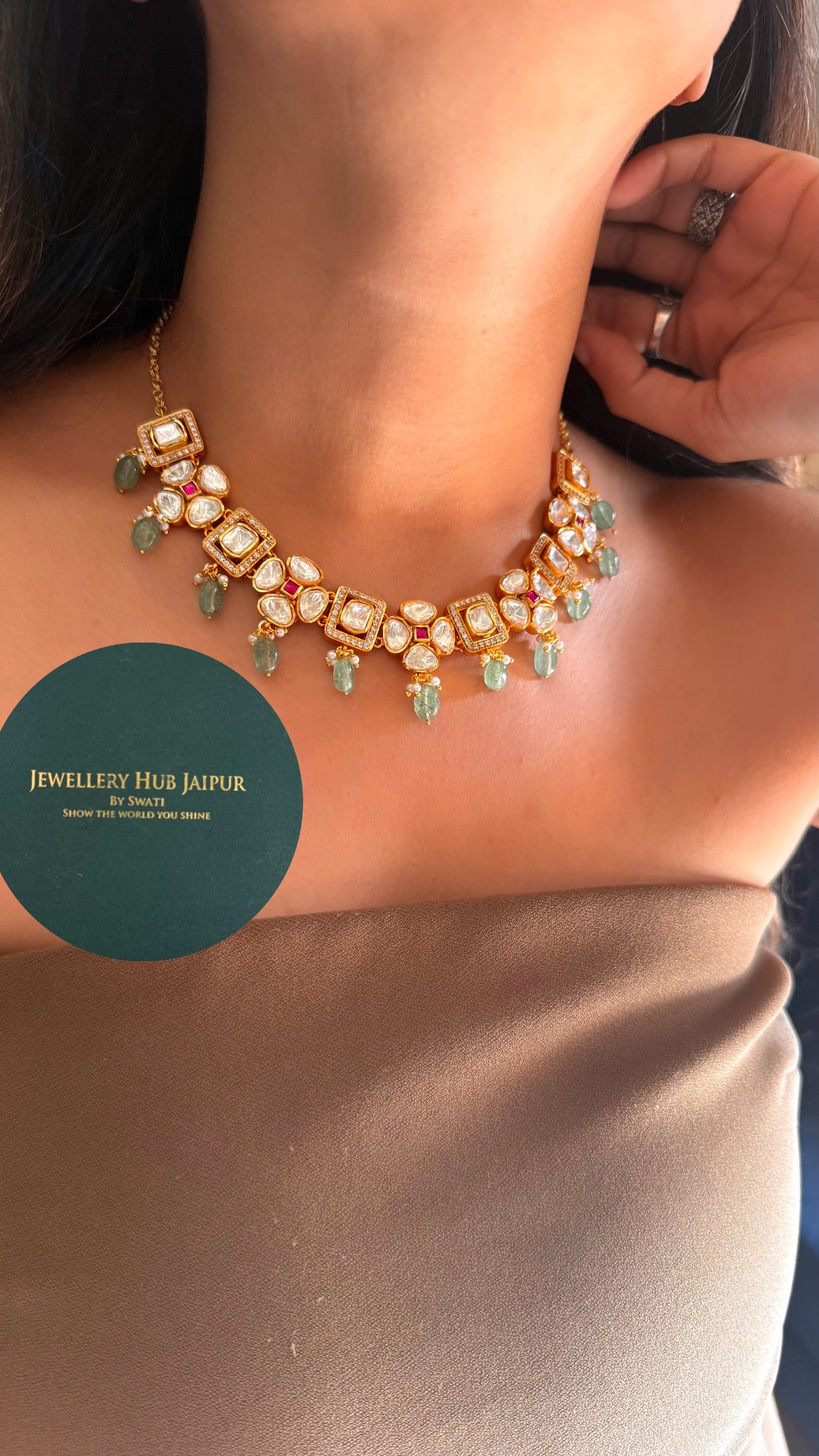 Real moissanite rani pink floral & mint drop collar set