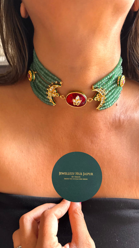 Ruby inlay half moon shape emerald meenakari thread choker Necklace set
